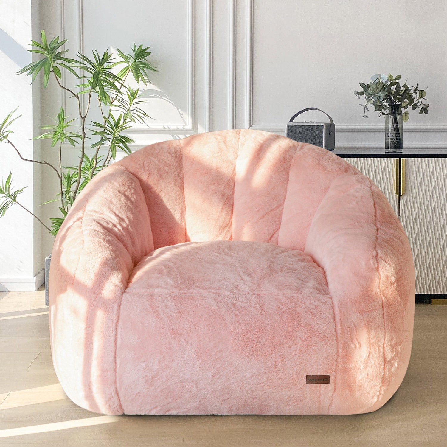 MAXYOYO Giant Faux Fur Bean Bag Chair - Oversized Shell Design for Reading, Lounging & Relaxation - Pink Comfy Floor Seat for Bedroom, Living Room & Dorm