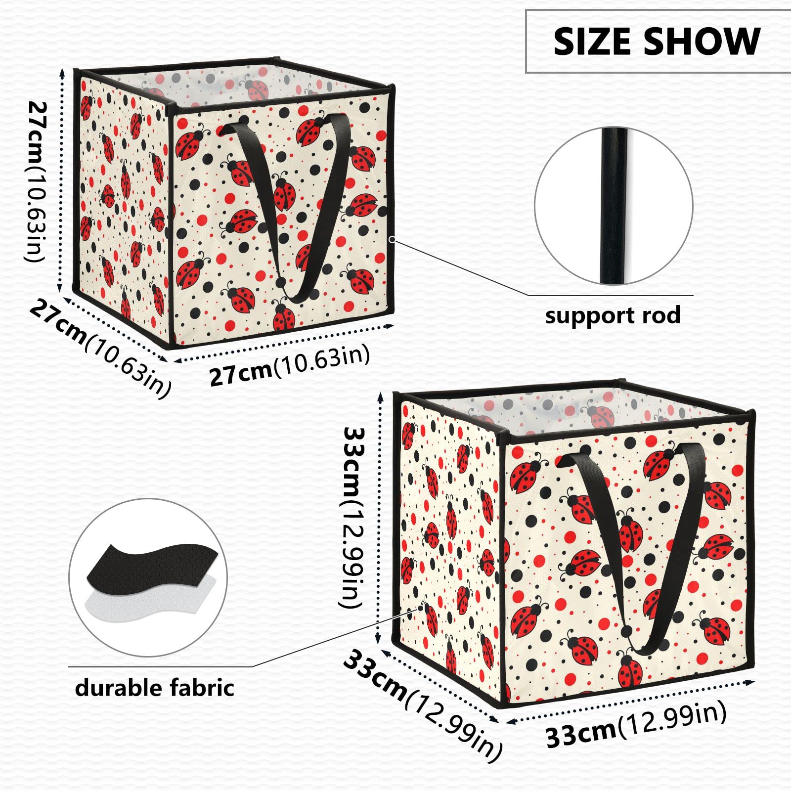 Red Ladybug Print Collapsible Fabric Storage Bins with Handles - 10.6x10.6x10.6 Inch Square Organizer for Toys, Nursery, Closet & Shelves | Cute Home Decor for Kids Room & Playroom Organization