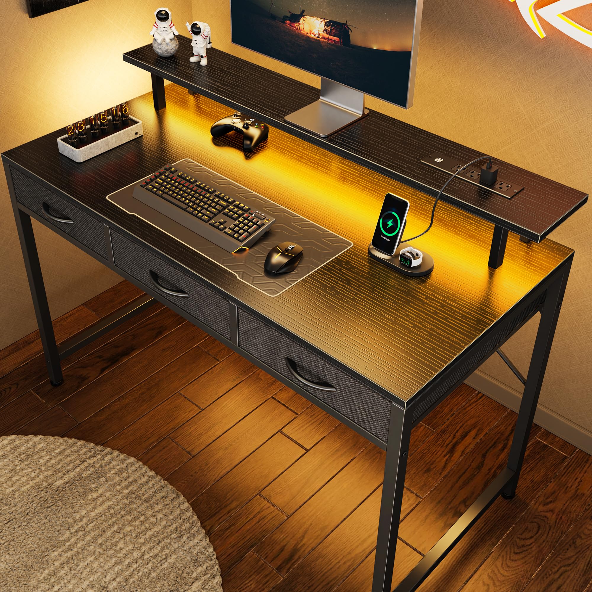 47 Inch Black Computer Desk with 3 Drawers & LED Lights - Home Office Desk with Power Outlets & Storage Space - Perfect for Gaming, Work from Home & Bedroom Study