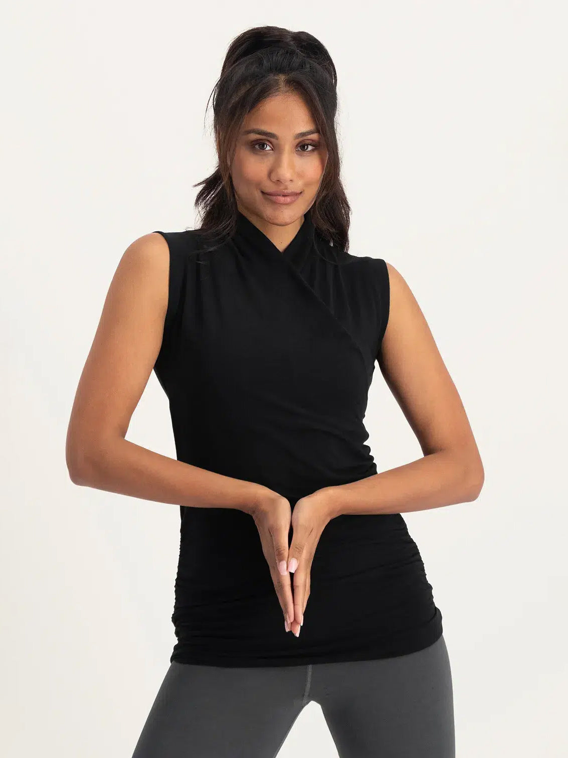Urban Goddess Good Karma Yoga Top - Onyx Black | High-Performance Workout Shirt for Yoga, Pilates & Gym | Moisture-Wicking & Comfortable