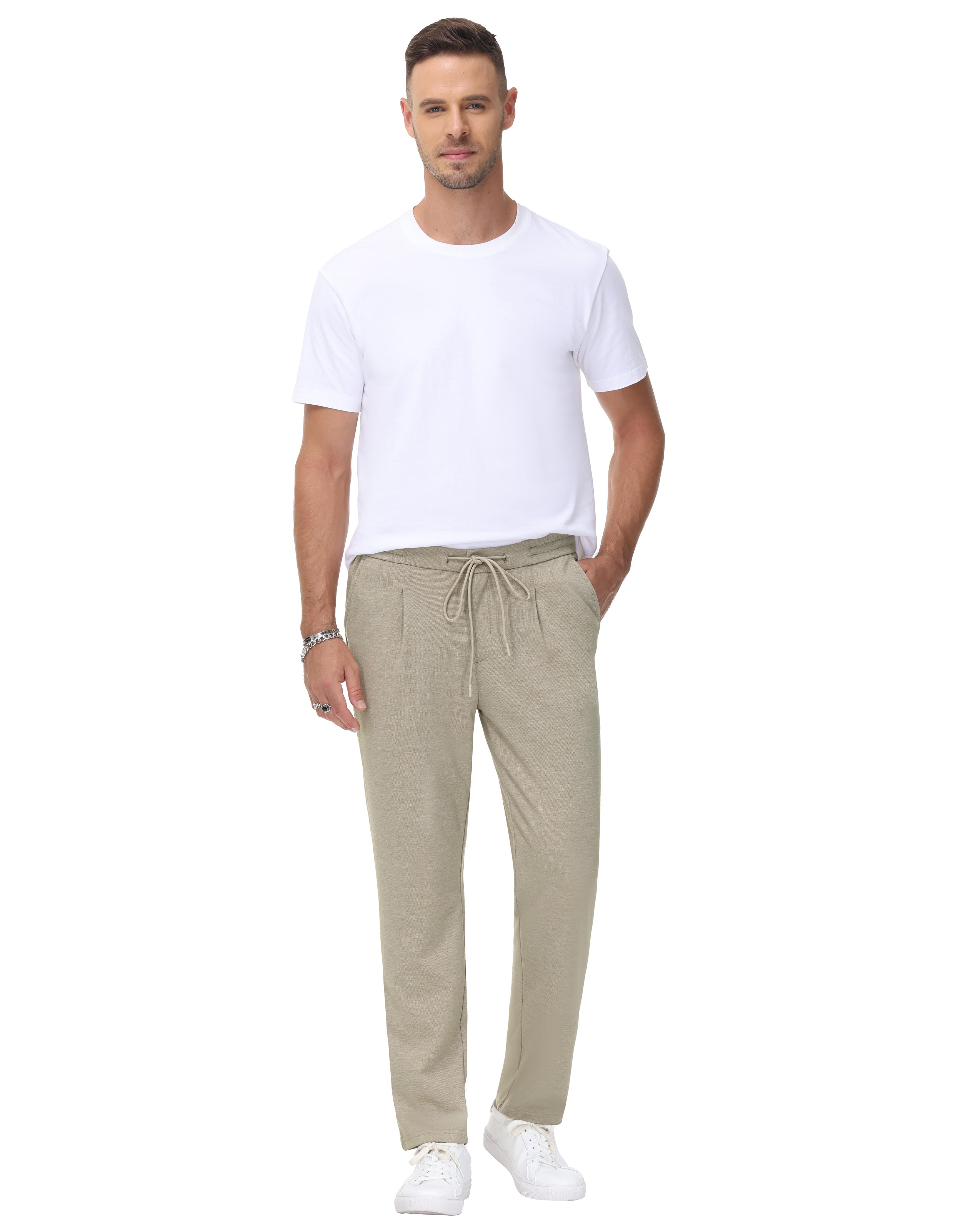 Men's Stretch Knit Casual Pants with Elastic Waist & Drawstring - Comfortable Regular Fit for Work, Travel & Lounge Wear