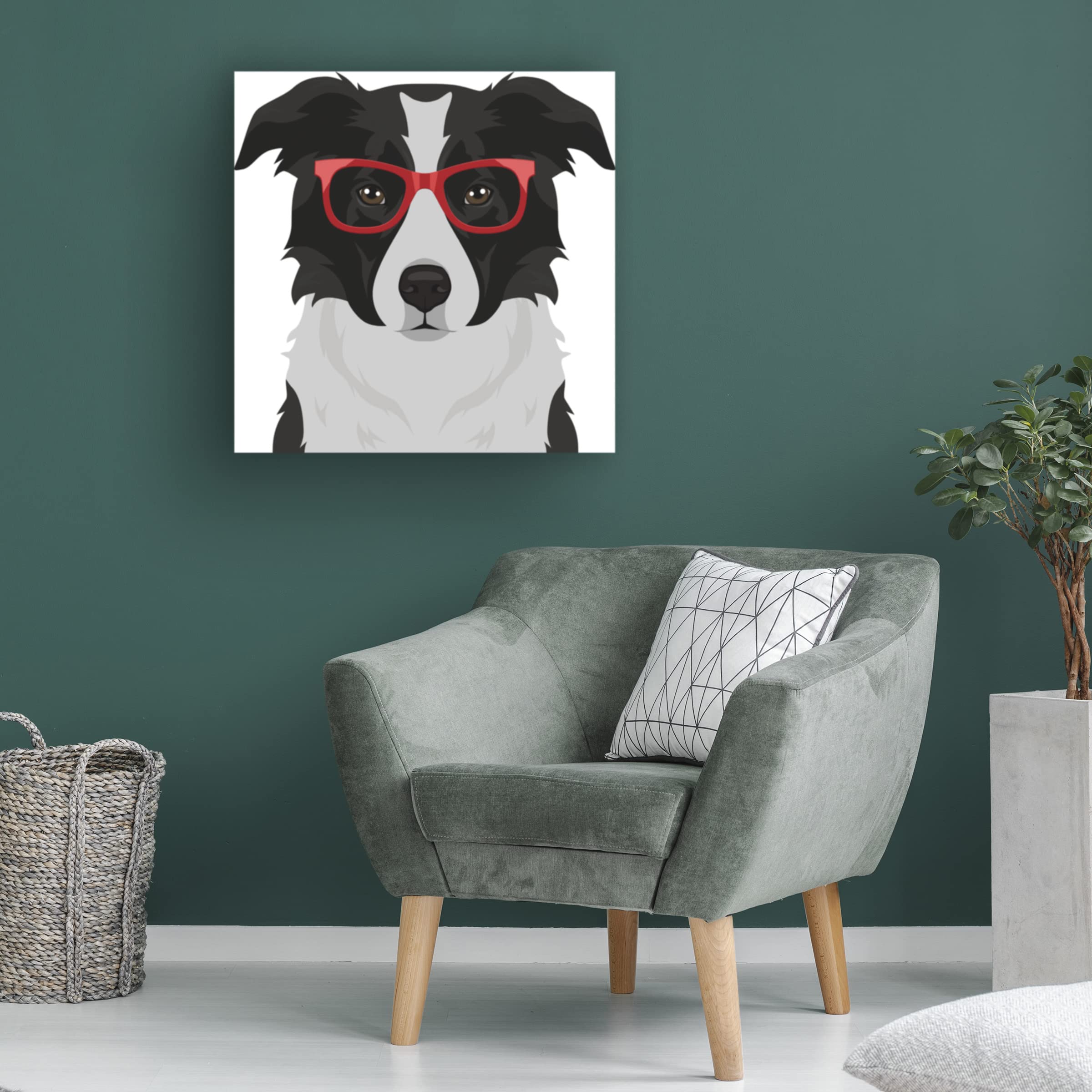 Border Collie Wearing Hipster Glasses Canvas Wall Art - Modern Dog Portrait Painting for Living Room, Bedroom & Office Decor - Funny Pet Lover Gift Idea