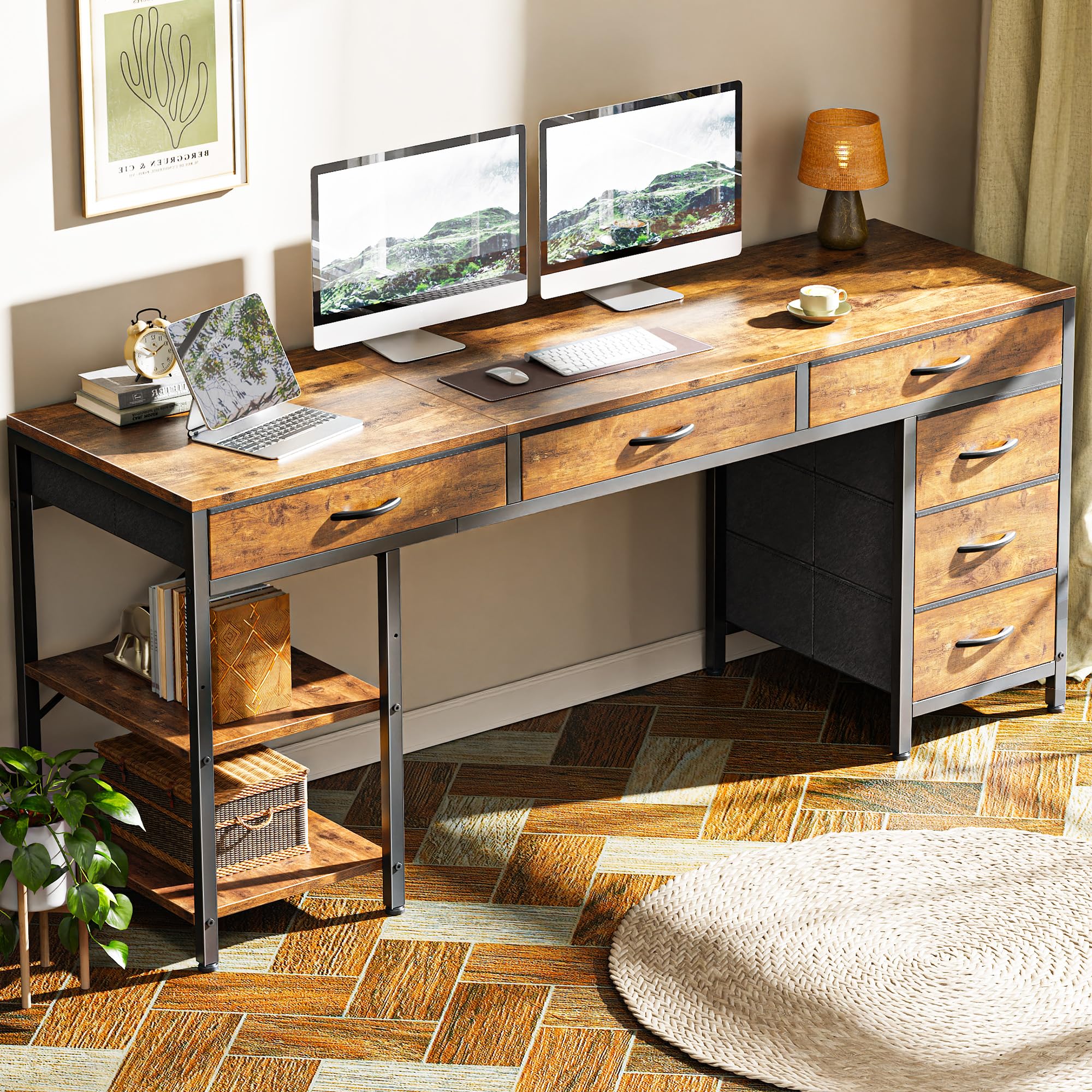 Huuger 63 Inch Computer Desk with 6 Drawers & Shelves, Reversible Gaming Desk with Storage, Rustic Brown Office Desk for Home Office, Study, Living Room - Perfect for Work, Gaming & Small Space Organization