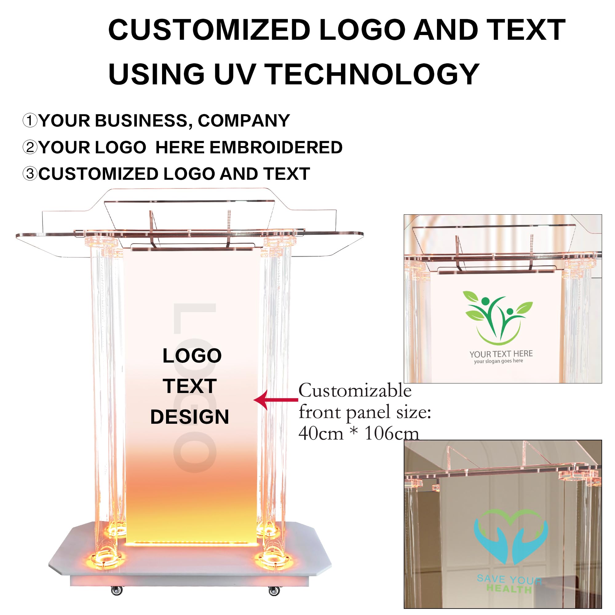 Custom Acrylic Podium Stand with LED Lights & Wheels - Personalized Church Pulpit with Engraved Logo - Portable Lectern for Office, Classroom & Events - Perfect for Sermons, Presentations & Public Speaking