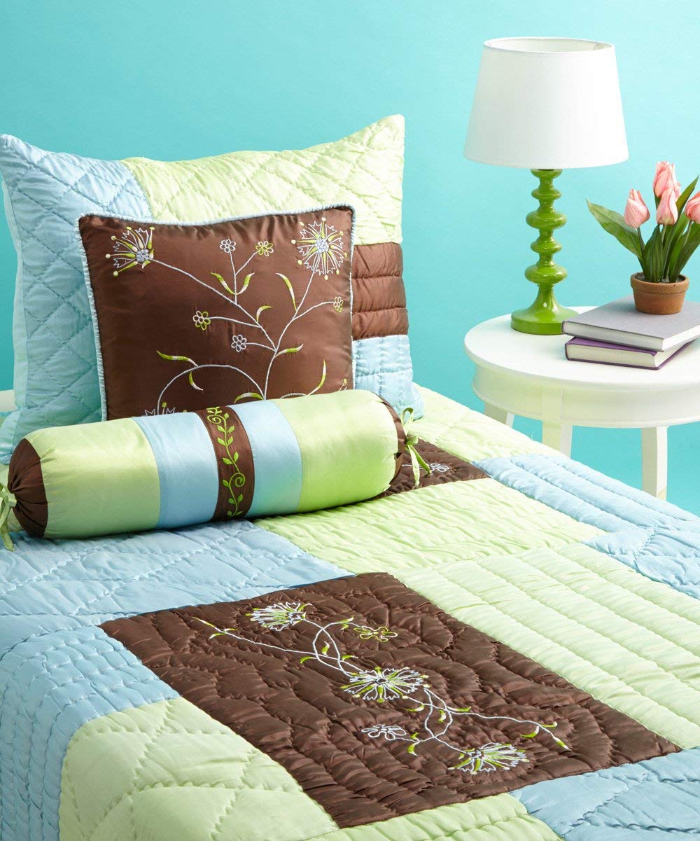 Bacati Botanika 4-Piece Twin Iridescent Quilt Bedding Set - Twin Quilt, Quilted Sham, 16x16 Decorative Pillow & 21x7 Neck Roll | Luxurious Bedroom Decor for Teens, Guest Rooms & Dorm Essentials