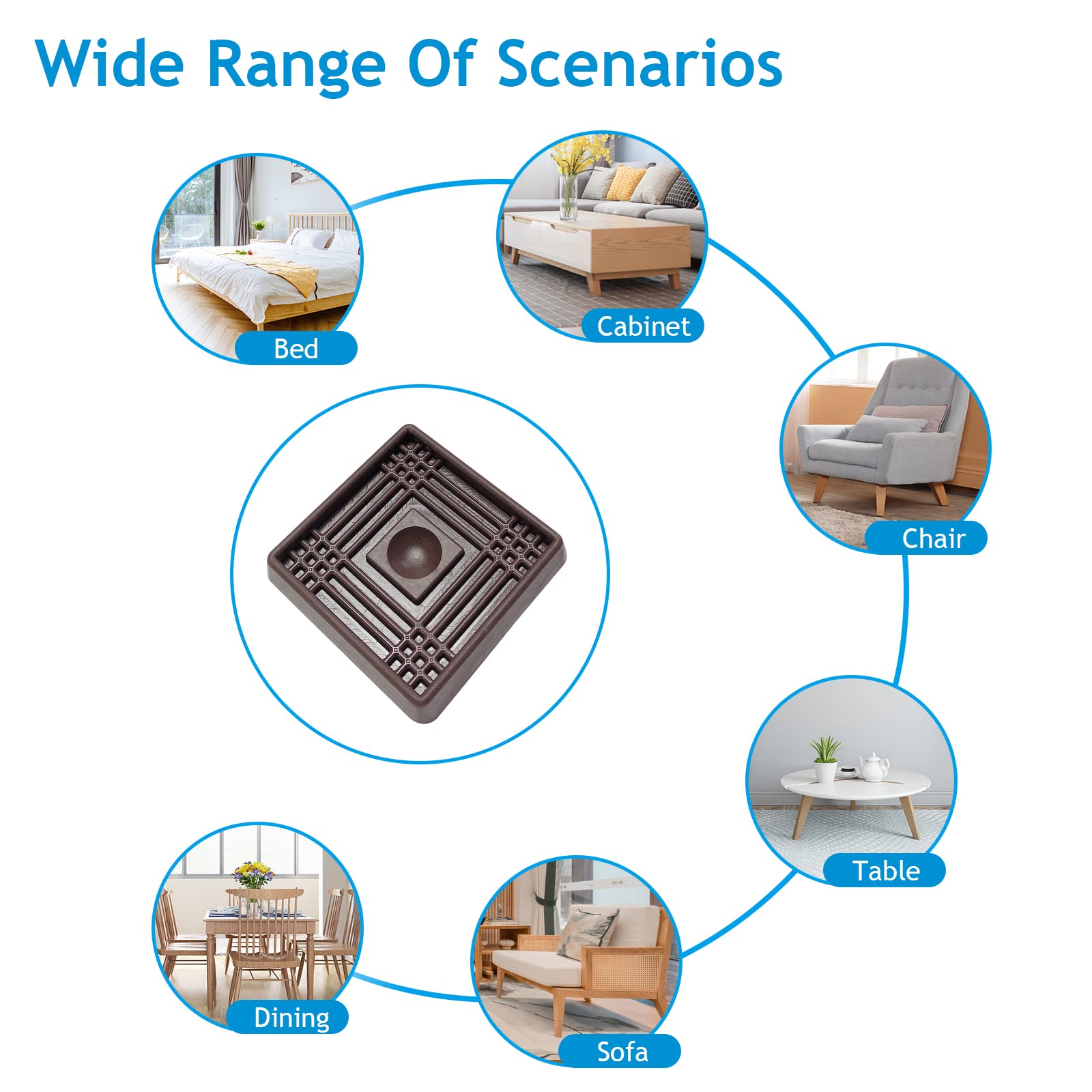 2X2 Inch Square Rubber Furniture Caster Cups - Non-Slip Floor Protectors (4 Pack) - Heavy Duty Furniture Coasters for Chairs, Sofas & Tables - Brown Anti-Skid Pads for Hardwood & Tile Floors - Perfect for Home, Office & Restaurant Use