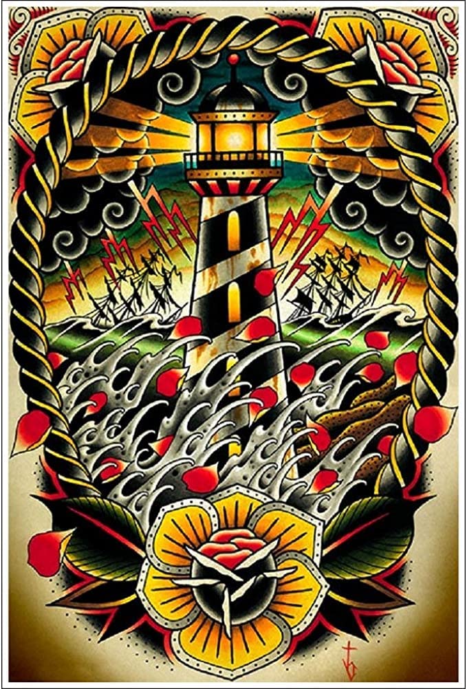 Last Port by Tyler Bredeweg - Lighthouse Art Print, Traditional Tattoo Style Wall Decor, Nautical Home Office Decor for Coastal & Beach House Themes