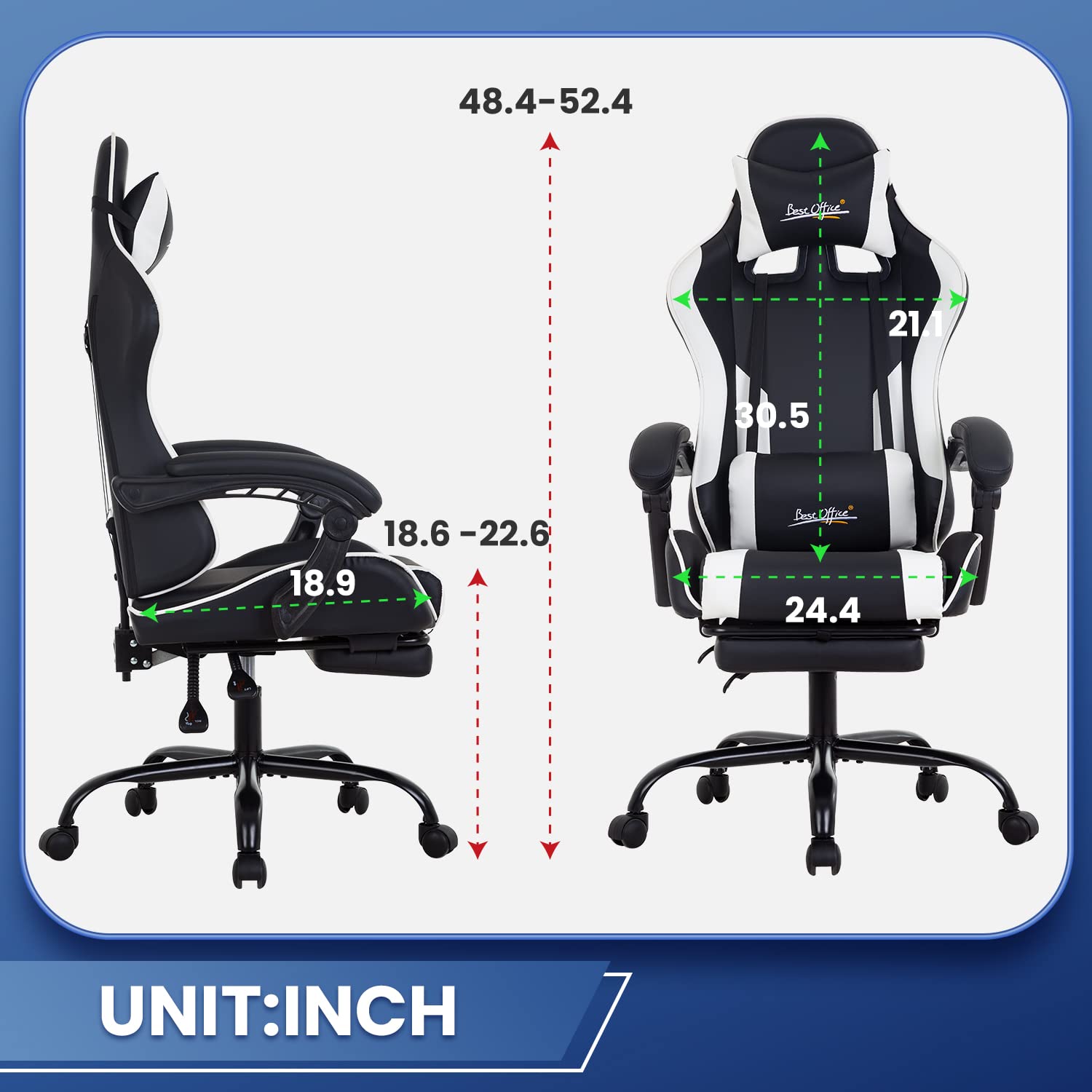 Ergonomic Gaming Chair with Lumbar Support & Headrest - Adjustable PC Gamer Chair with Footrest, Armrests & Swivel Base - Comfortable Office Desk Chair for Esports & Home Workstation (White) - Perfect for Long Gaming Sessions & Remote Work