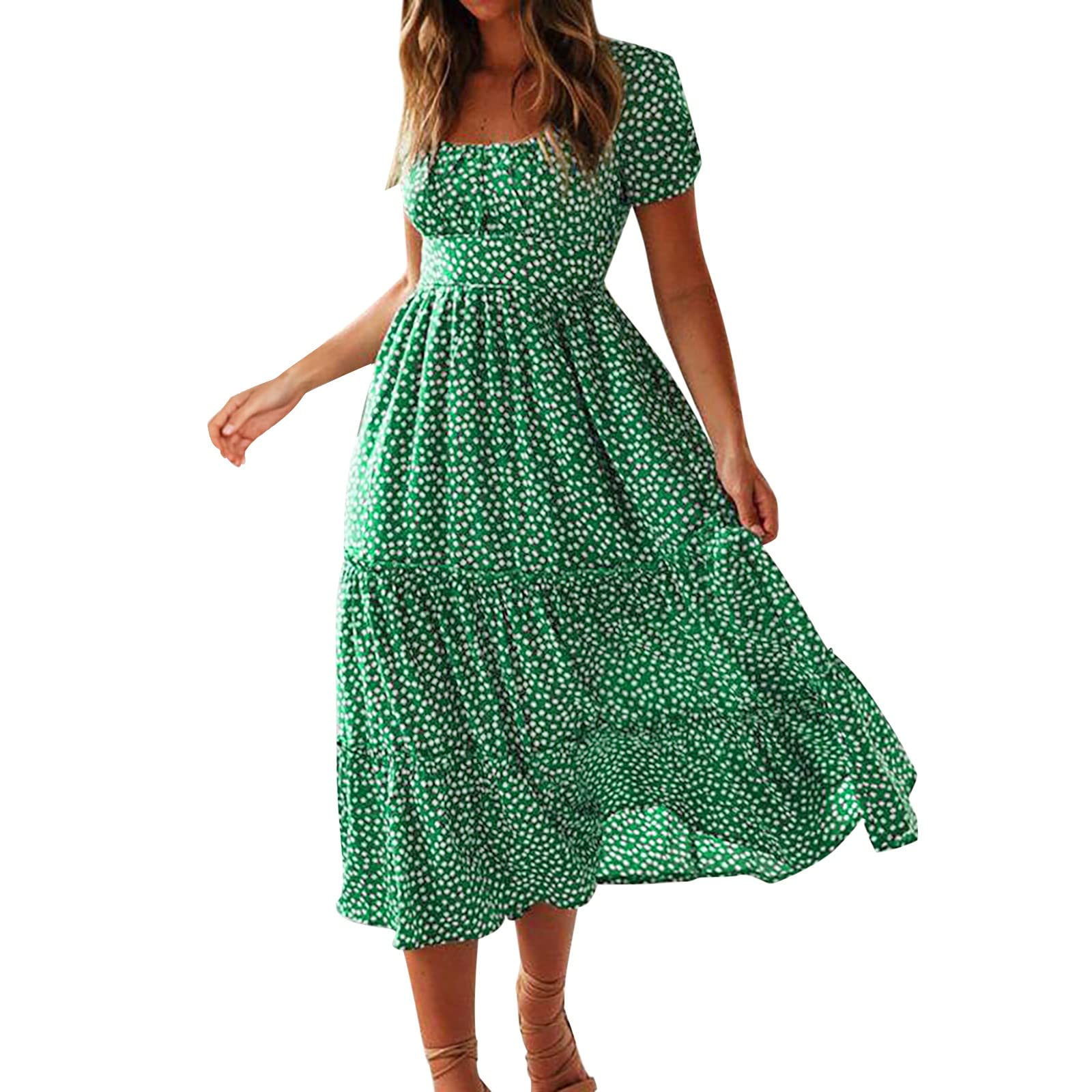 Women's Floral Square Neck Puff Short Sleeve Ruffle Hem Boho Swing Dress - Summer Beach Vacation, Casual Outing, Party Wear