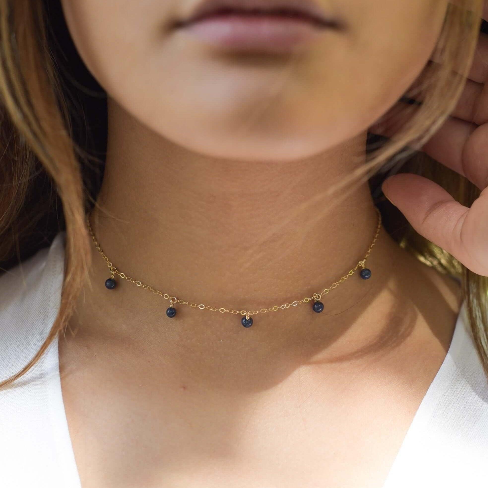 Elegant Sapphire Bead Drop Choker Necklace – Dainty Blue Gemstone Jewelry for Women | Perfect for Weddings, Parties & Date Nights