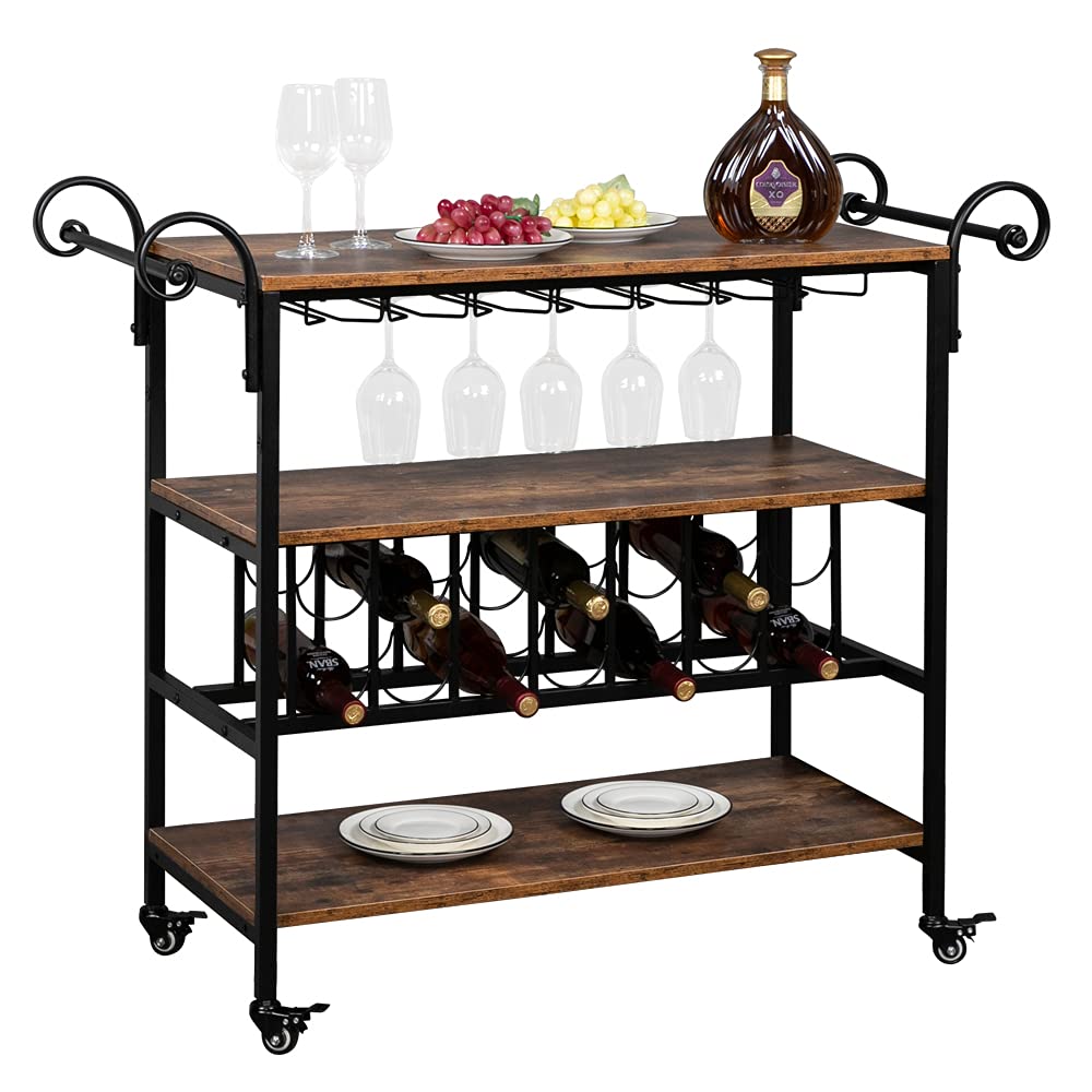 Tenozek 3-Tier Rolling Bar Cart with Lockable Wheels, Wine Glass Hooks & Storage Shelves - Perfect for Kitchen, Dining Room, or Home Bar Organization