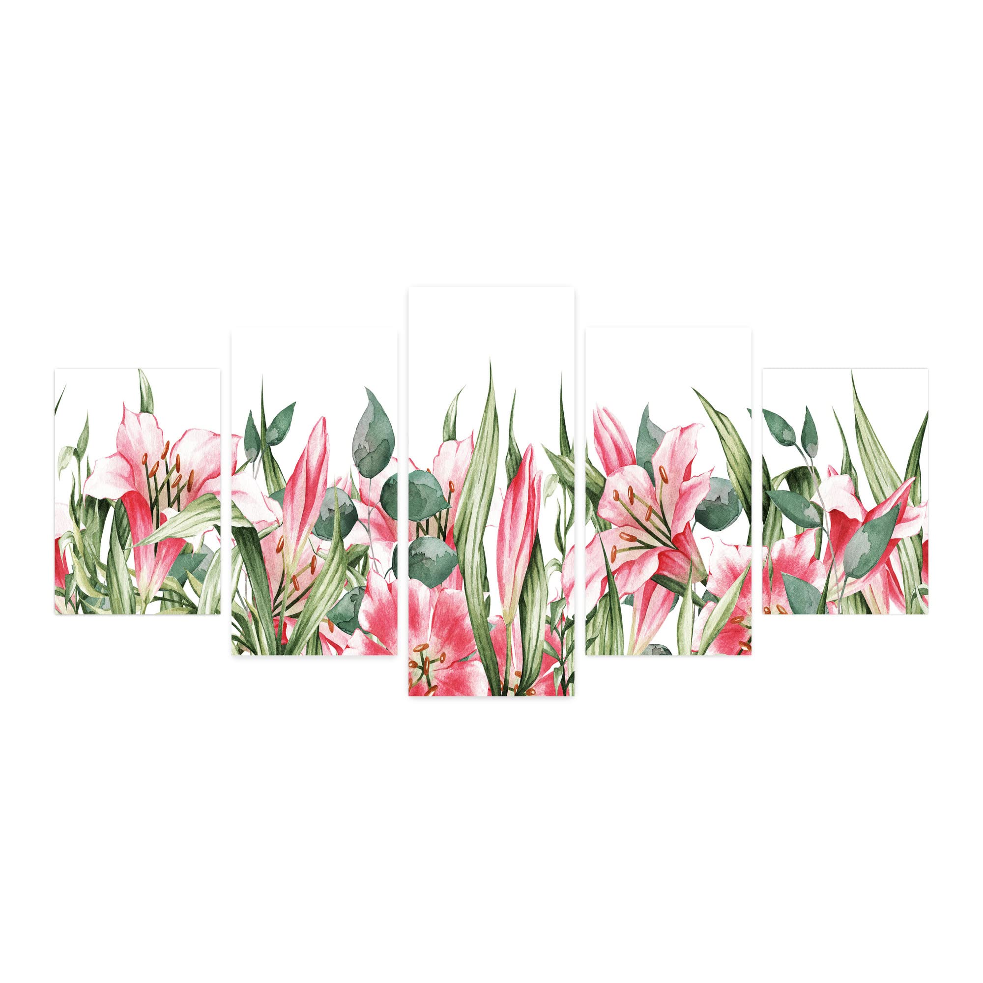 Ambesonne Watercolor Floral Wall Art - 5 Panel Acrylic Glass Spring Garden Print with Lilies & Green Foliage, Laurel Green Pink White Decor for Living Room, Bedroom, Dorm (60x30 Inches) - Perfect for Home Decor, Housewarming Gift & Interior Design Accent