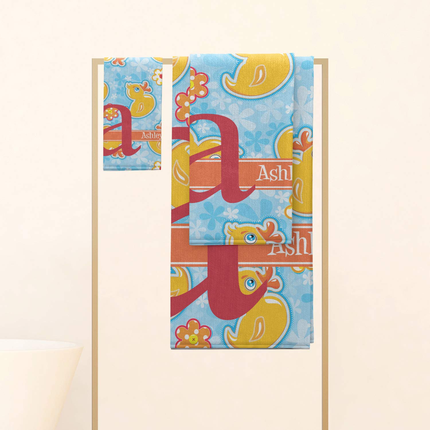 Custom Personalized Rubber Duckies & Flowers Hand Towel - Full Print Bathroom & Kitchen Towel for Baby Showers, Bridal Gifts, and Home Decor
