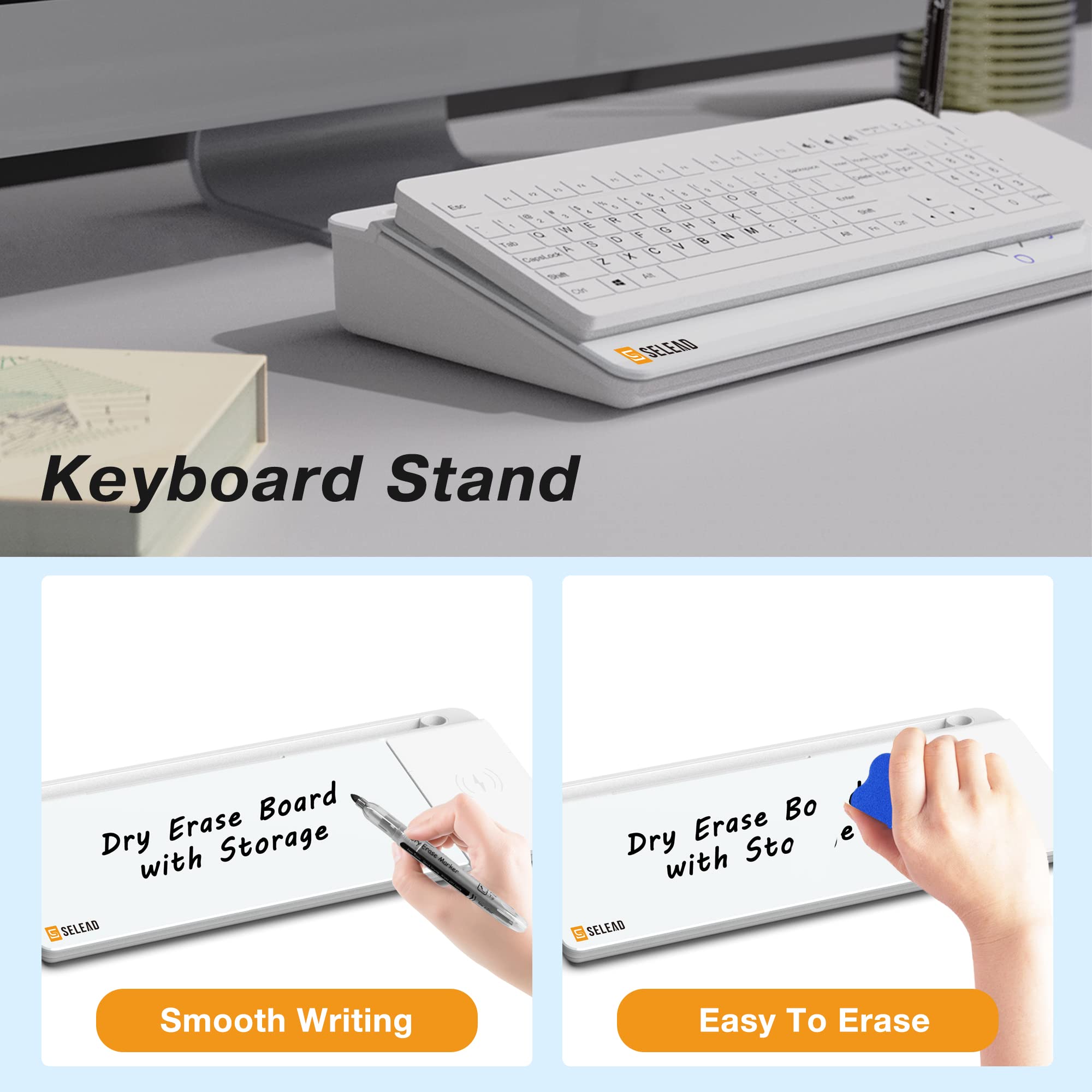 SELEAD Glass Whiteboard with Wireless Charger - 18x12 Inch Desktop Dry Erase Board, Computer Keyboard Stand with Organizer Drawer for Home Office, School & Workspace - Perfect for Meetings, Notes & Device Charging (White)
