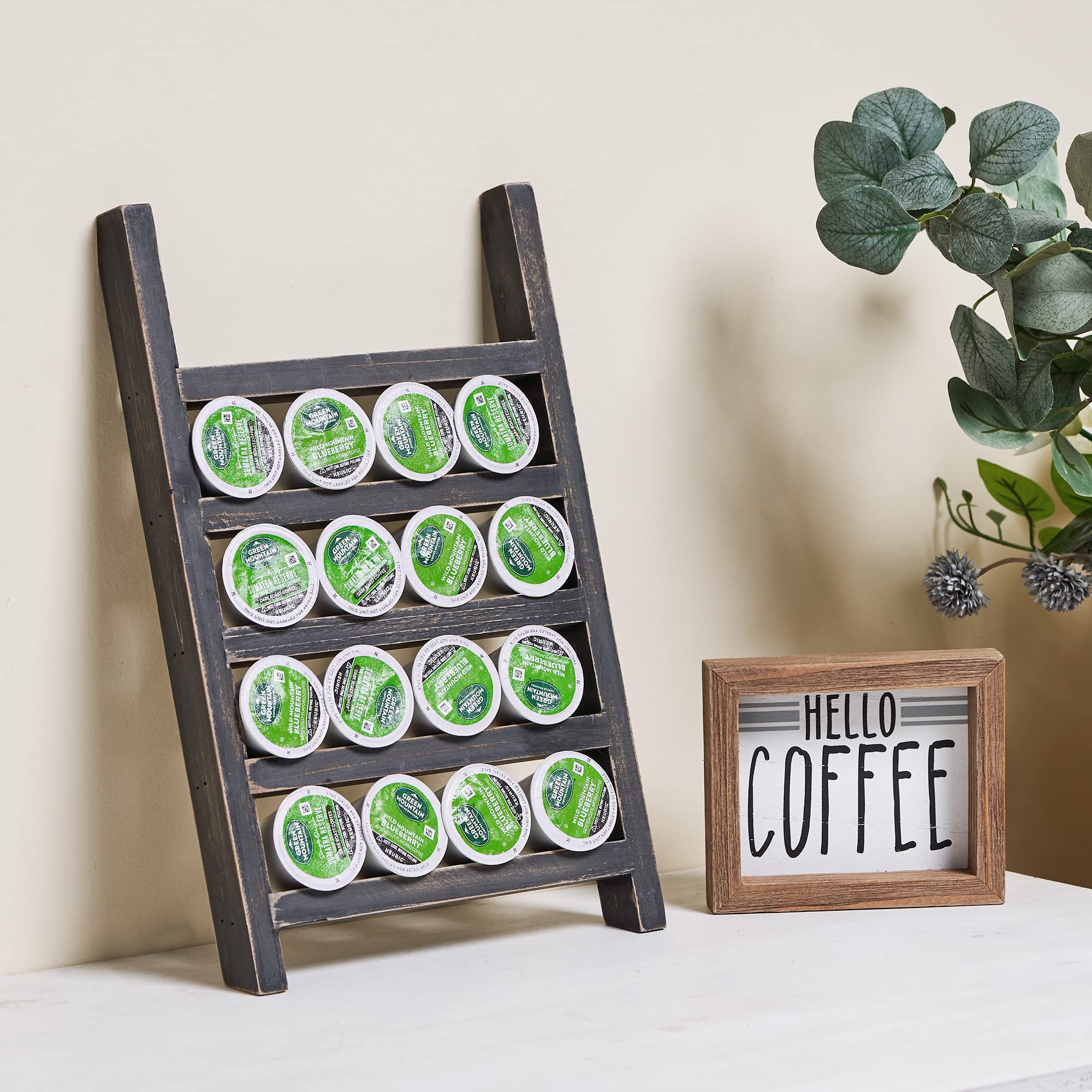 Farmhouse Style Wooden K-Cups Holder - Rustic Coffee Pod Organizer for Kitchen Countertop, Coffee Bar Decor with Chalkboard Sign - Perfect for Home Storage & Coffee Station Accessories (Black) - Ideal for Organizing Keurig Pods & Enhancing Farmhouse Kitchen Decor