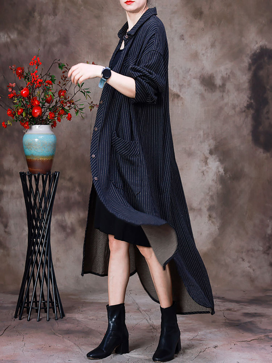 Plus Size Women's Cotton Striped Asymmetrical Long Jacket - Fashionable Oversized Duster Coat for Casual Wear, Office & Special Occasions