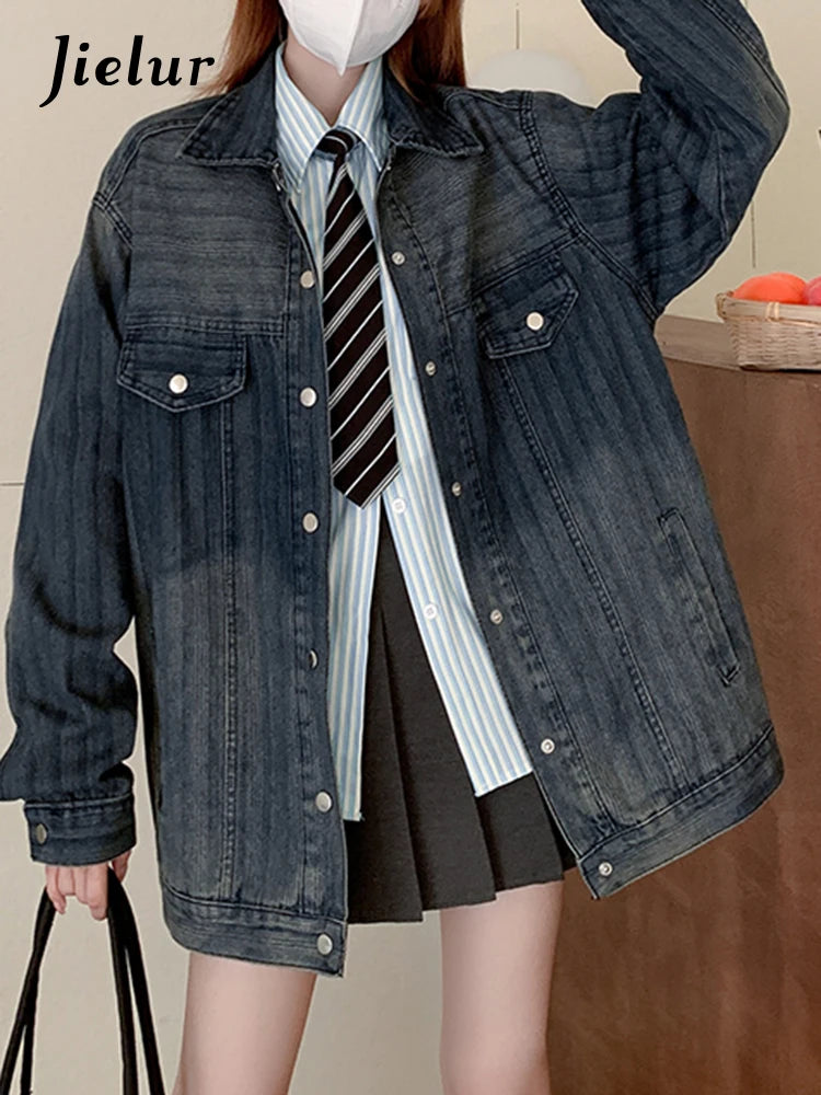 Vintage Striped Denim Jacket for Women - Autumn Long Sleeve Loose Fit Single Breasted Coat with Lapel, Streetwear Gradient Top (S-XL) | Casual Outing, Fall Fashion, Boho Style