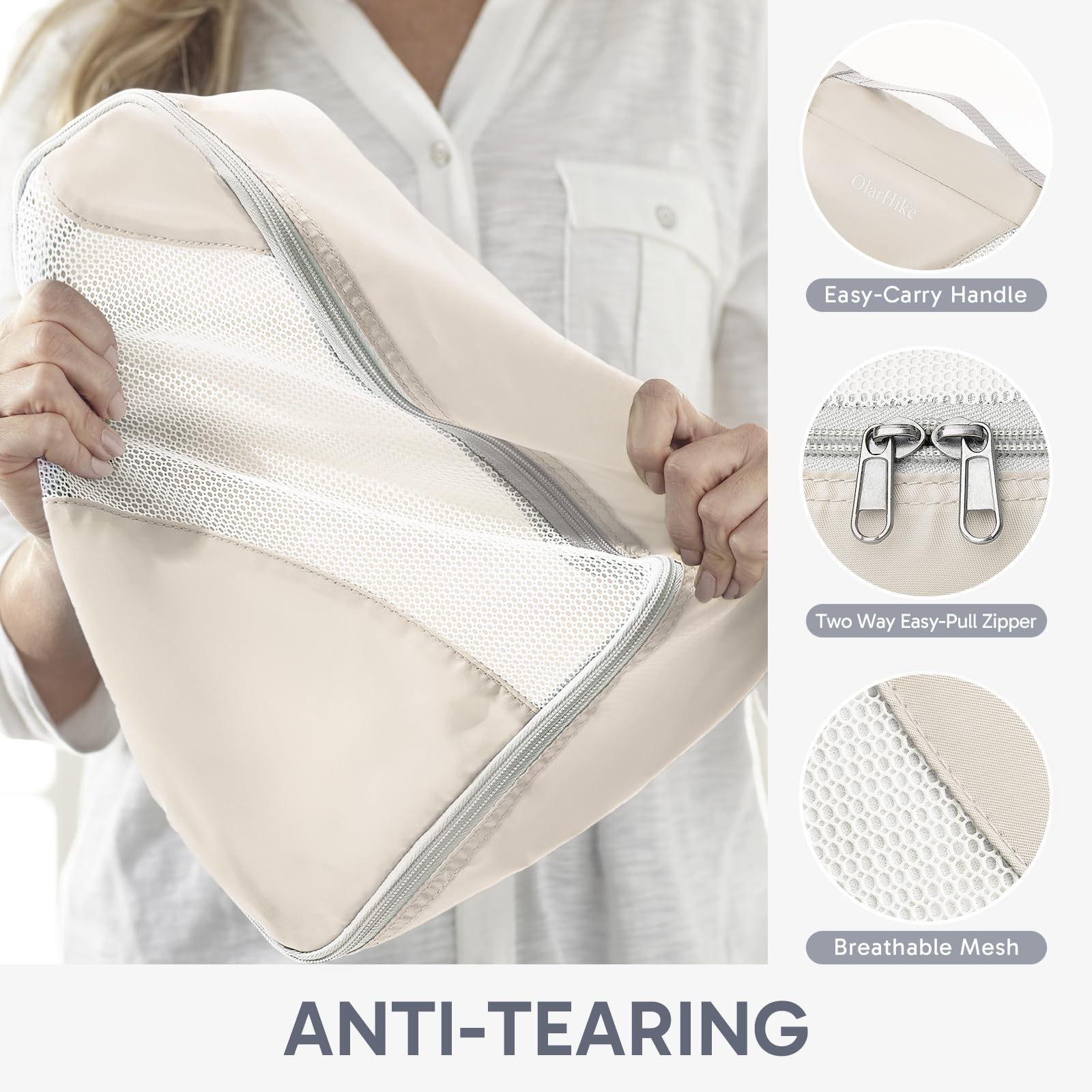 10-Piece Durable Packing Cubes Set for Suitcases - OlarHike Travel Essentials with Upgraded Anti-Tear Stitching - Beige Luggage Organizers for Clothes & Accessories | Perfect for Business Trips, Vacations & Weekend Getaways