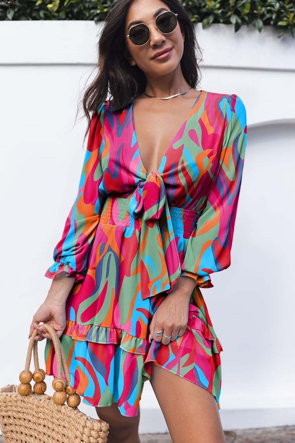 Dokotoo Women's Elegant Deep V Neck Knotted Tiered Chiffon Mini Skater Dress for Spring Summer 2025 | Casual Swing Dress for Party, Date Night & Vacation