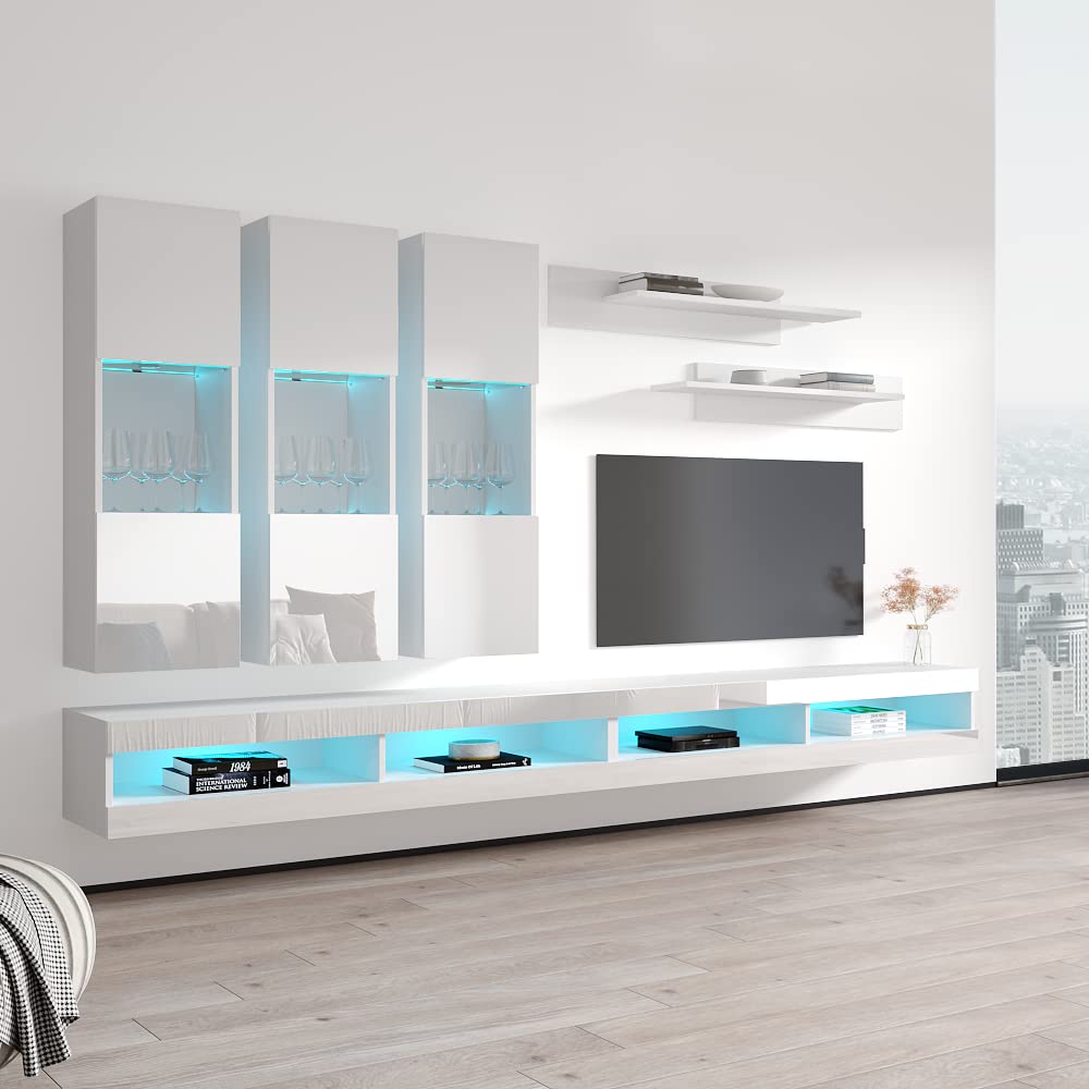 Modern Floating TV Stand with Storage & LED Lights - Wall-Mounted Entertainment Center for Bedroom & Living Room - White TV Console with Shelves - Perfect for Small Spaces & Home Theater Setup