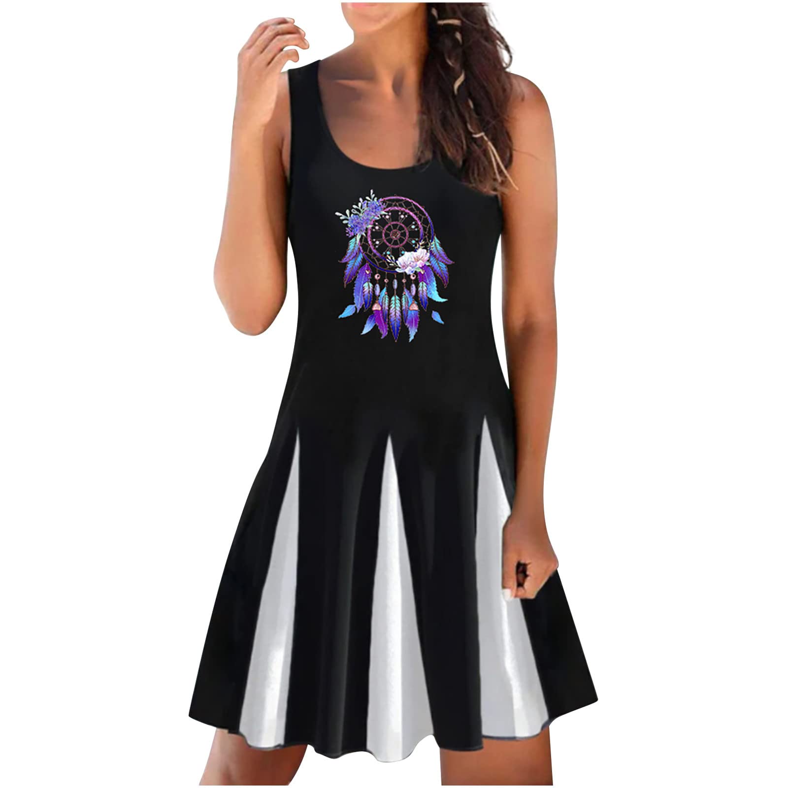 Women's Sleeveless Vintage Floral Midi Dress - Casual Summer Colorblock Loose Boatneck Beach Dress for Party, Vacation & Outdoor Activities