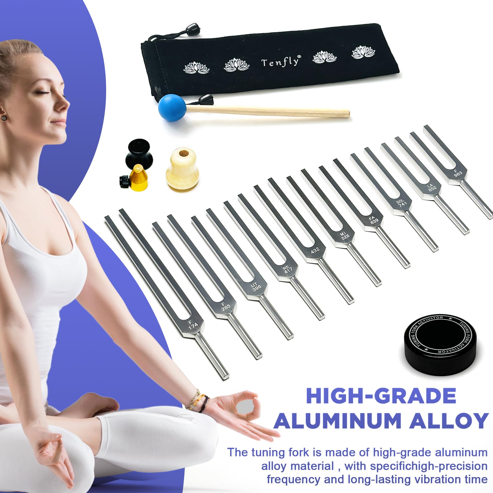 Solfeggio Tuning Fork Set - 10 Pack Silver Tuning Forks for Body Relaxation, Yoga Meditation, Sound Therapy, Stress Relief, Chakra Healing, Sound Bath | Perfect for Energy Healing, Spiritual Practices & Holistic Wellness Sessions