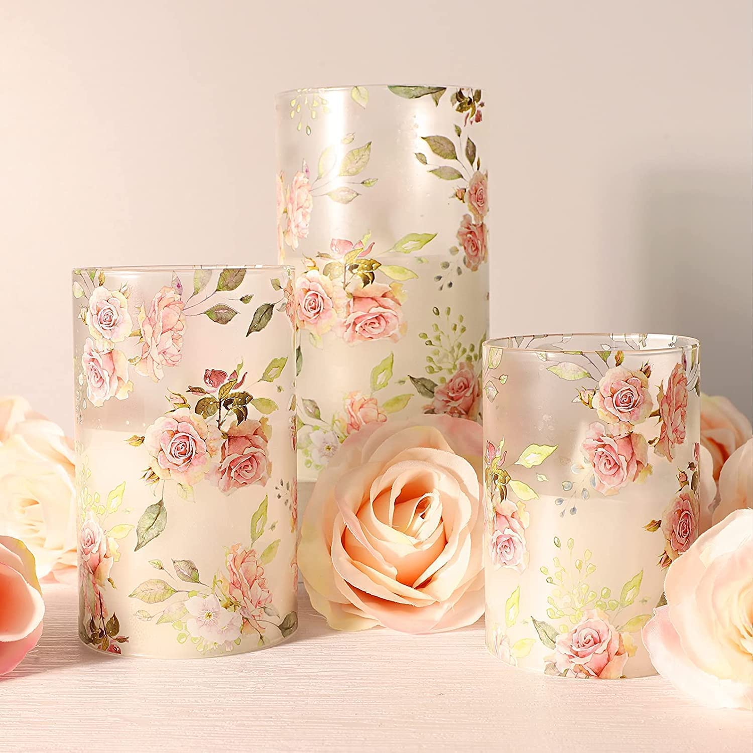 Realistic Pink Rose Flameless LED Candles with Remote - Battery Operated Flickering Glass Pillar Candles for Romantic Bedroom Decor, Wedding Centerpiece & Home Table Decoration