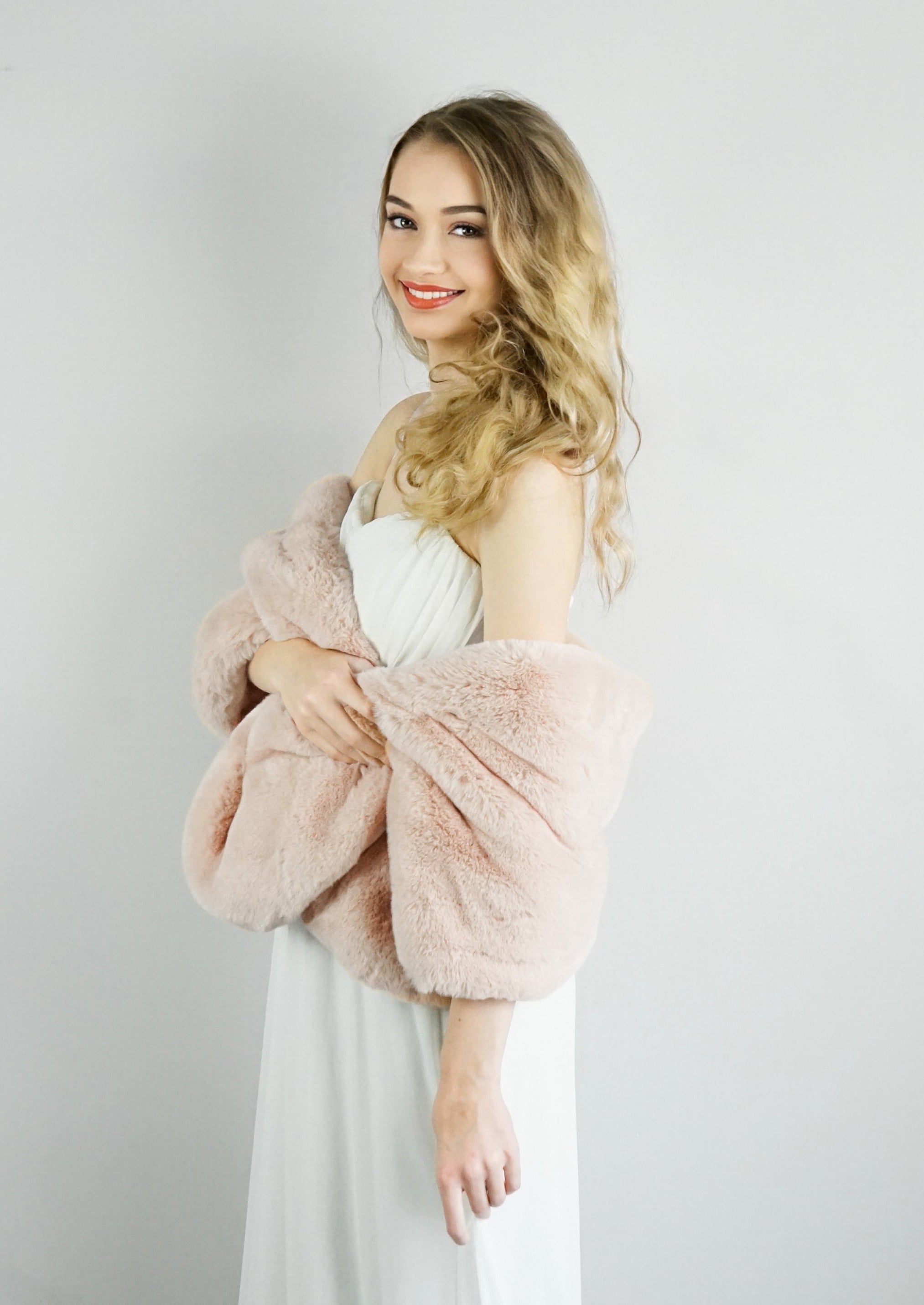Elegant Blush Faux Fur Wedding Cape - Audrey Blu05 Bridal Shawl for Winter Weddings & Photo Shoots
