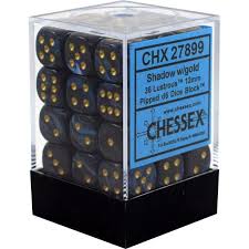 Chessex D6 36-Pack Shadow with Gold Lustrous 12mm Pipped Dice Set - Perfect for Dungeons & Dragons, Tabletop RPG Games, and Board Game Nights