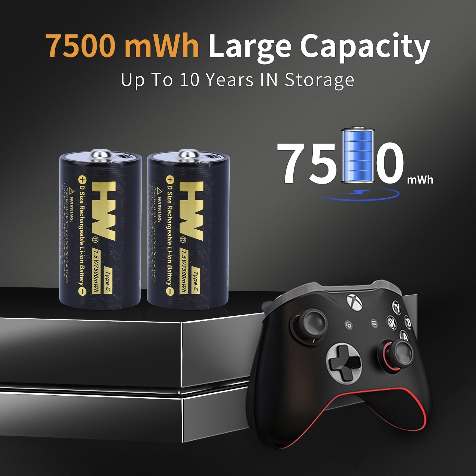 HW Rechargeable D Batteries 4 Pack - 7500mWh Long-Lasting Lithium D Cell Batteries with USB-C Fast Charger (4-in-1 Cable) | 1000+ Charge Cycles | Perfect for Flashlights, Camping Lights, Emergency Kits & Outdoor Gear