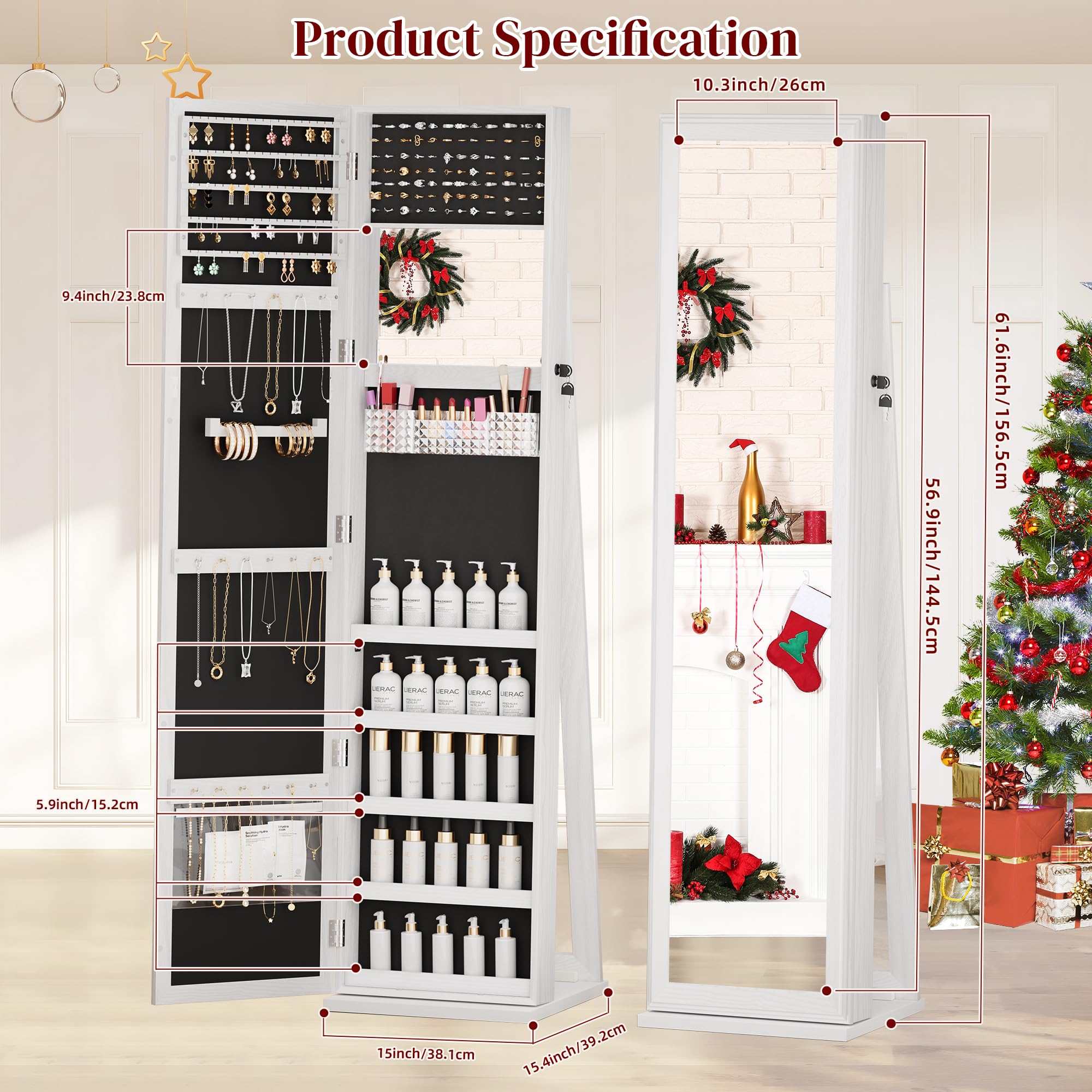 Full Length Mirror Jewelry Cabinet with Lock - Standing Jewelry Armoire Organizer for Women & Girls, White - Perfect for Bedroom, Closet & Dressing Room Storage