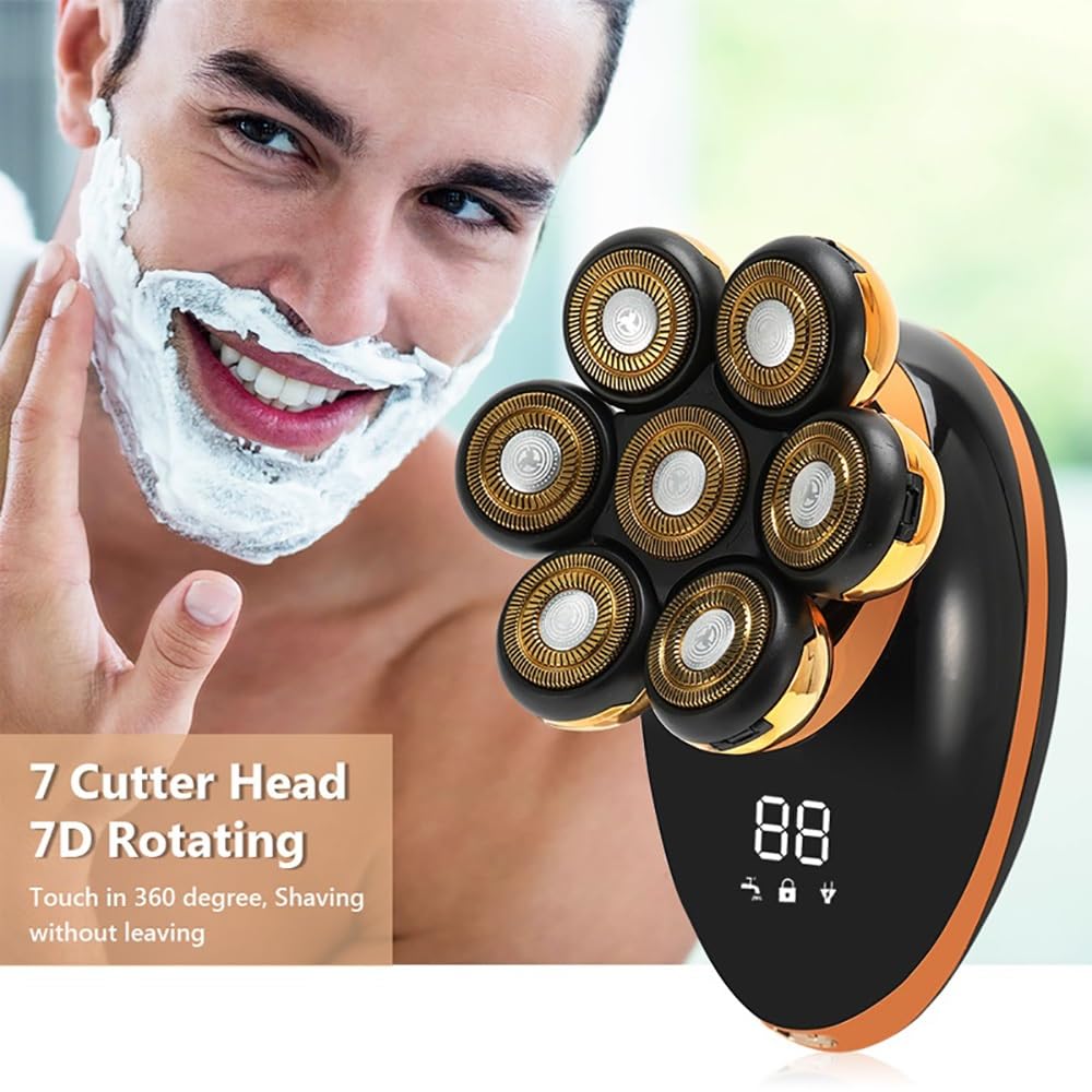7D Rechargeable Electric Head Shaver for Men - 5-in-1 Bald Head Shaving Kit with USB Charging & LED Display | Silver Facial Trimmer for Beard, Ear & Nose Hair | Perfect for Travel, Gym & Daily Grooming
