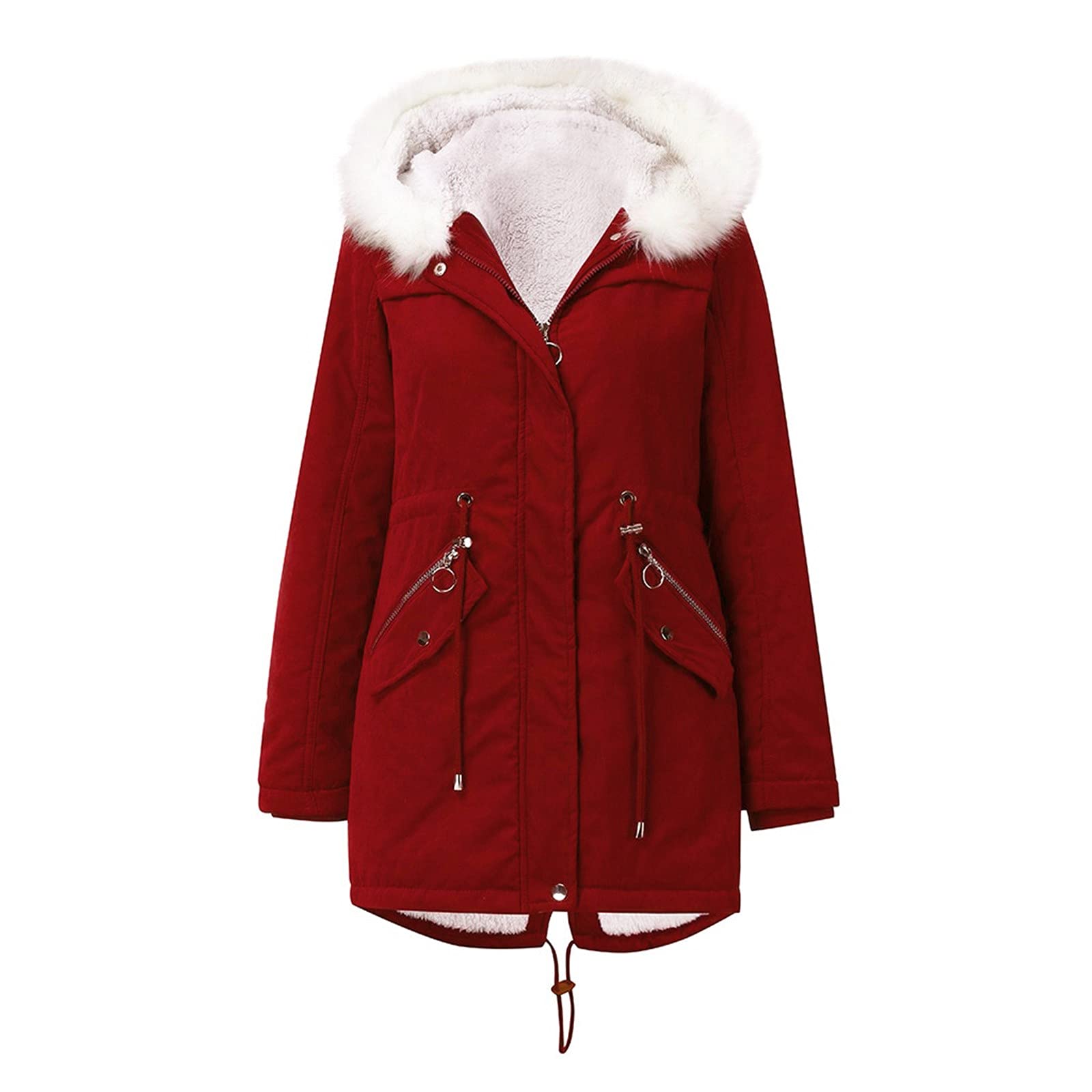 Women's Mid-Length Hooded Winter Jacket - Solid Color Fleece-Lined Coat with Fur Collar for Warmth | Plus Size Cold Weather Outerwear for Snow, Travel & Everyday Wear