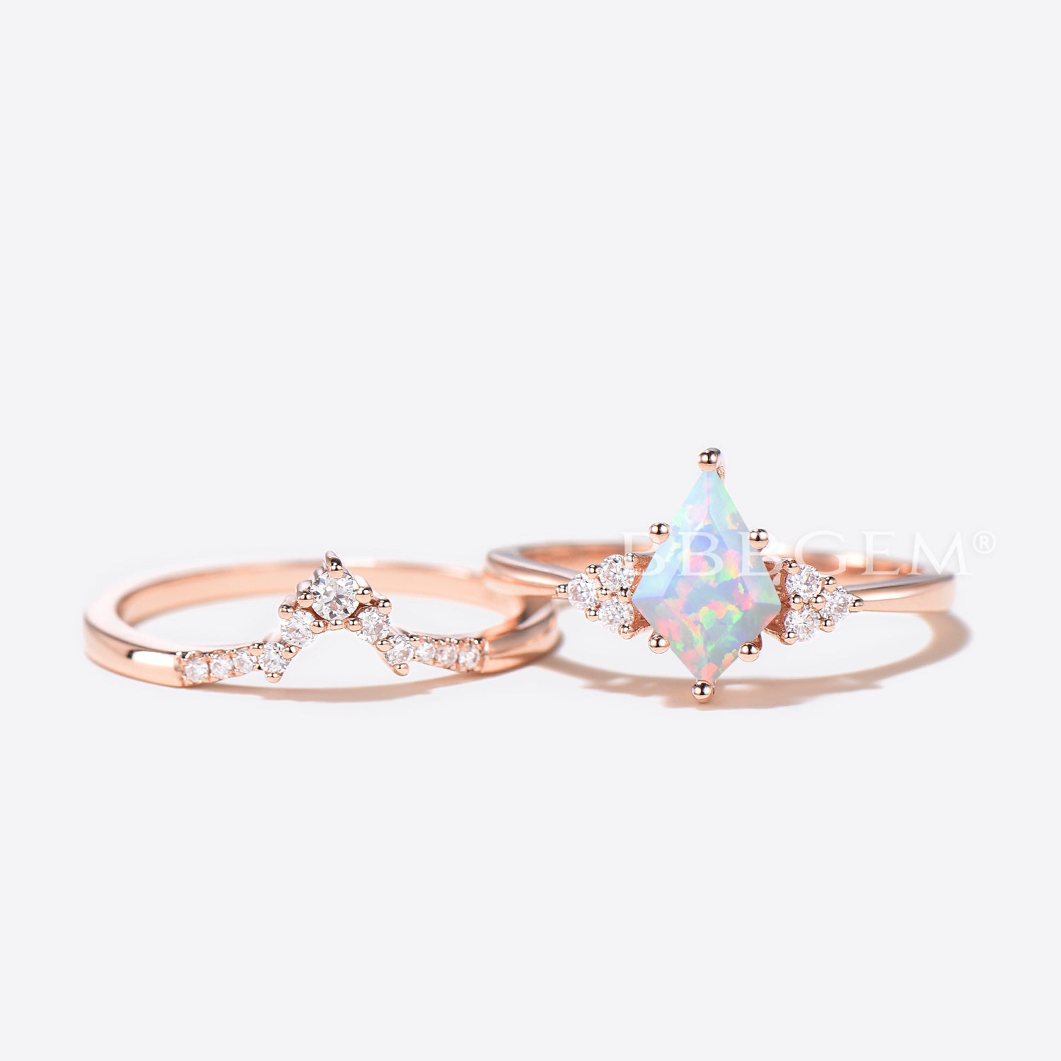 White Opal Diamond Cluster Engagement Ring Set - Elegant Kite Cut Bridal Jewelry for Weddings & Proposals
