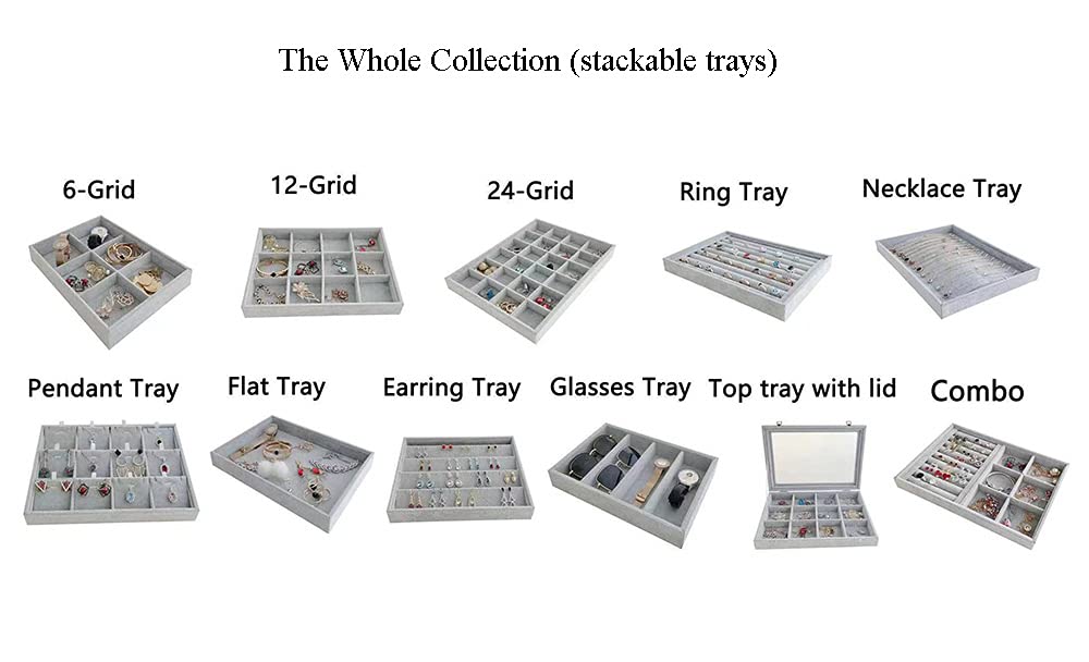 Luxury Gray Velvet Jewelry Tray Organizer - Stackable Storage Box for Necklaces, Rings & Earrings - Perfect for Closet, Drawer, Trade Show & Home Organization