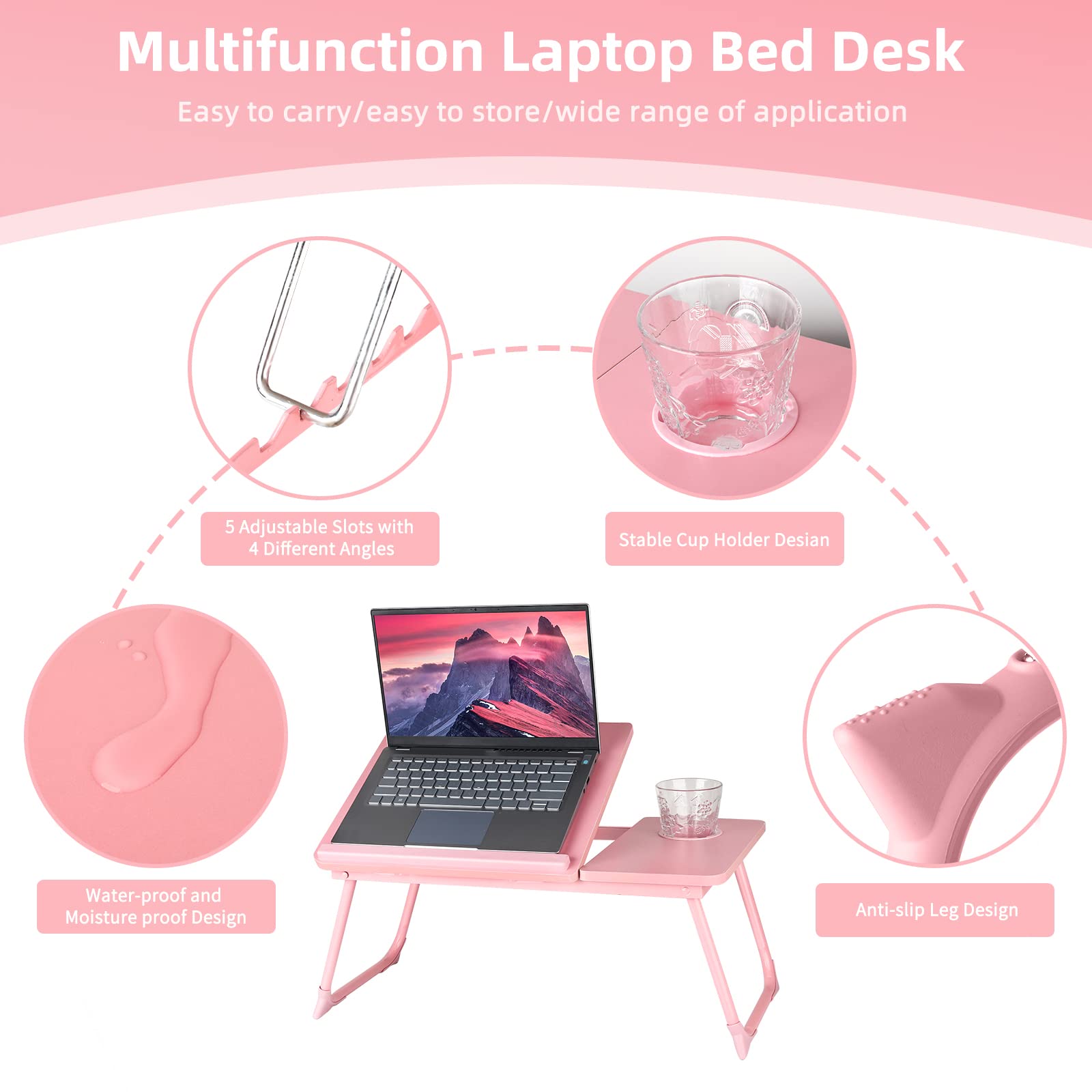 Pink Folding Laptop Desk for Bed & Couch - Adjustable Lap Desk with Cup Holder for Home Office, Breakfast Tray, Watching Movies - Portable Workstation for Comfortable Computing in Bed or Sofa