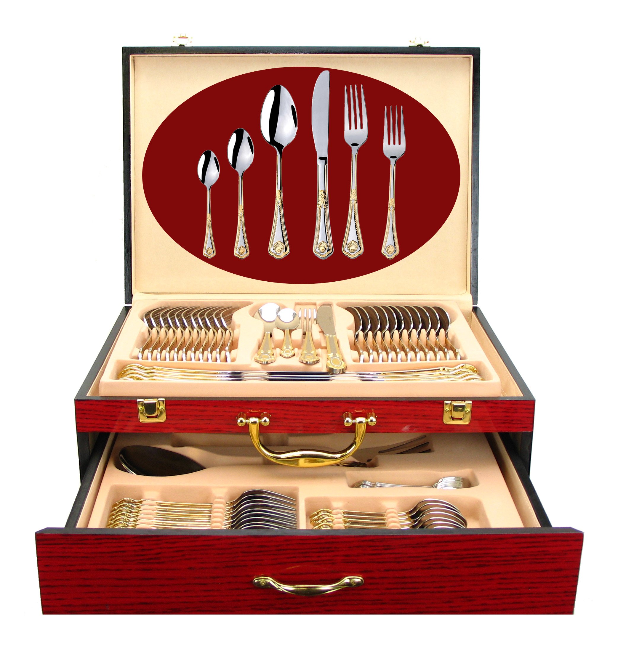 75-Piece Luxury Flatware Set for 12 with Storage Case - 24K Gold Plated Premium Dining Cutlery - 18/10 Surgical Stainless Steel Silverware Set - Elegant Hostess Serving Set in Wooden Chest - Perfect for Weddings, Dinner Parties, and Formal Gatherings