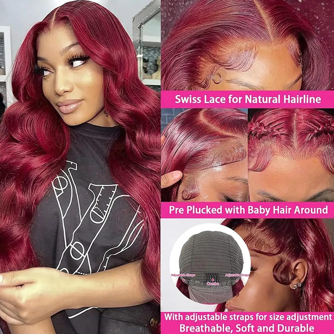 99j Burgundy 28 Inch 13x4 Lace Front Wigs Human Hair - Body Wave Pre Plucked 220% Density HD Transparent Red Wigs with Baby Hair for Women | Perfect for Cosplay, Weddings & Daily Wear