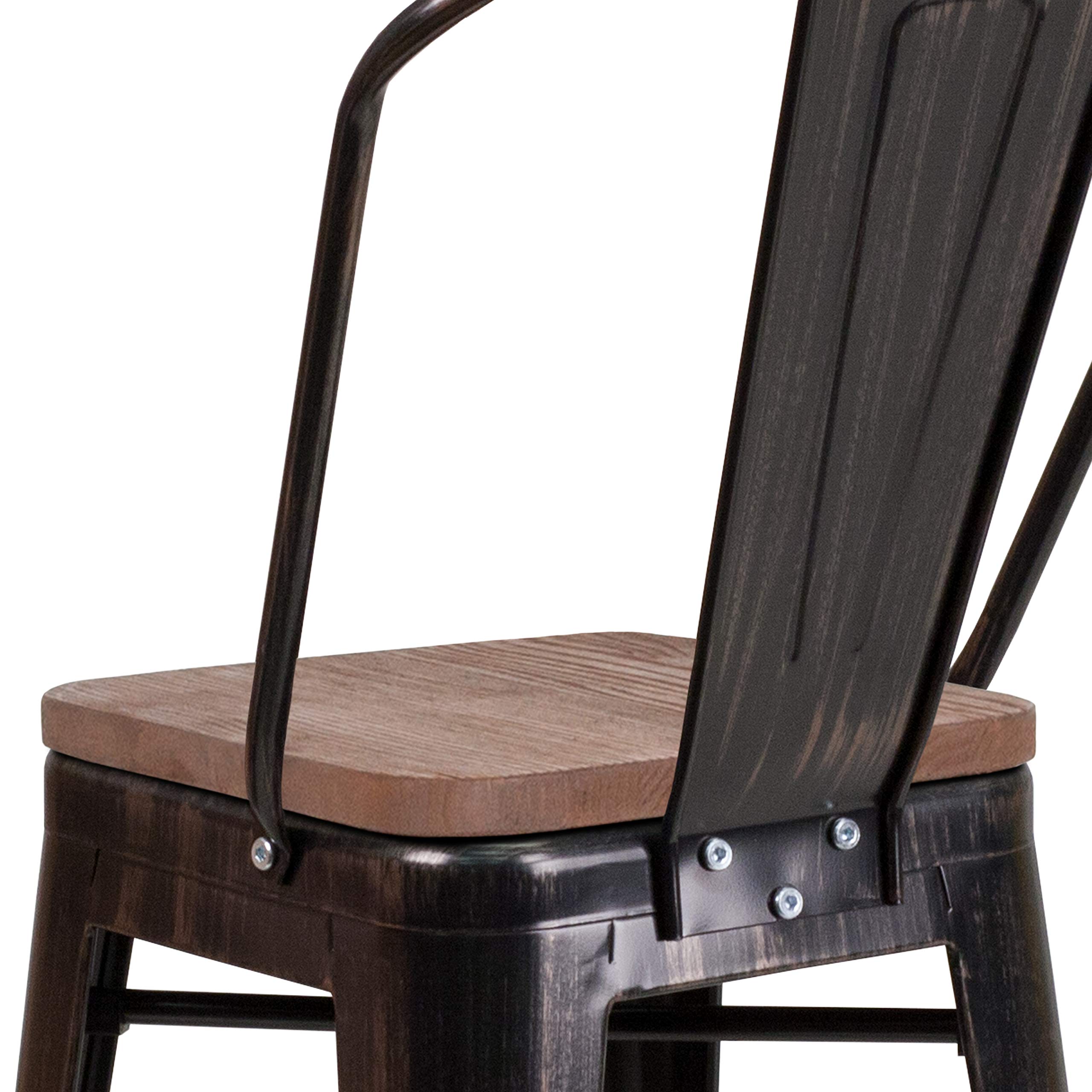 EMMA + OLIVER 24 Inch Black and Antique Gold Metal Wood Counter Stool with Back - Bar Stool for Kitchen Island, Breakfast Nook & Home Decor