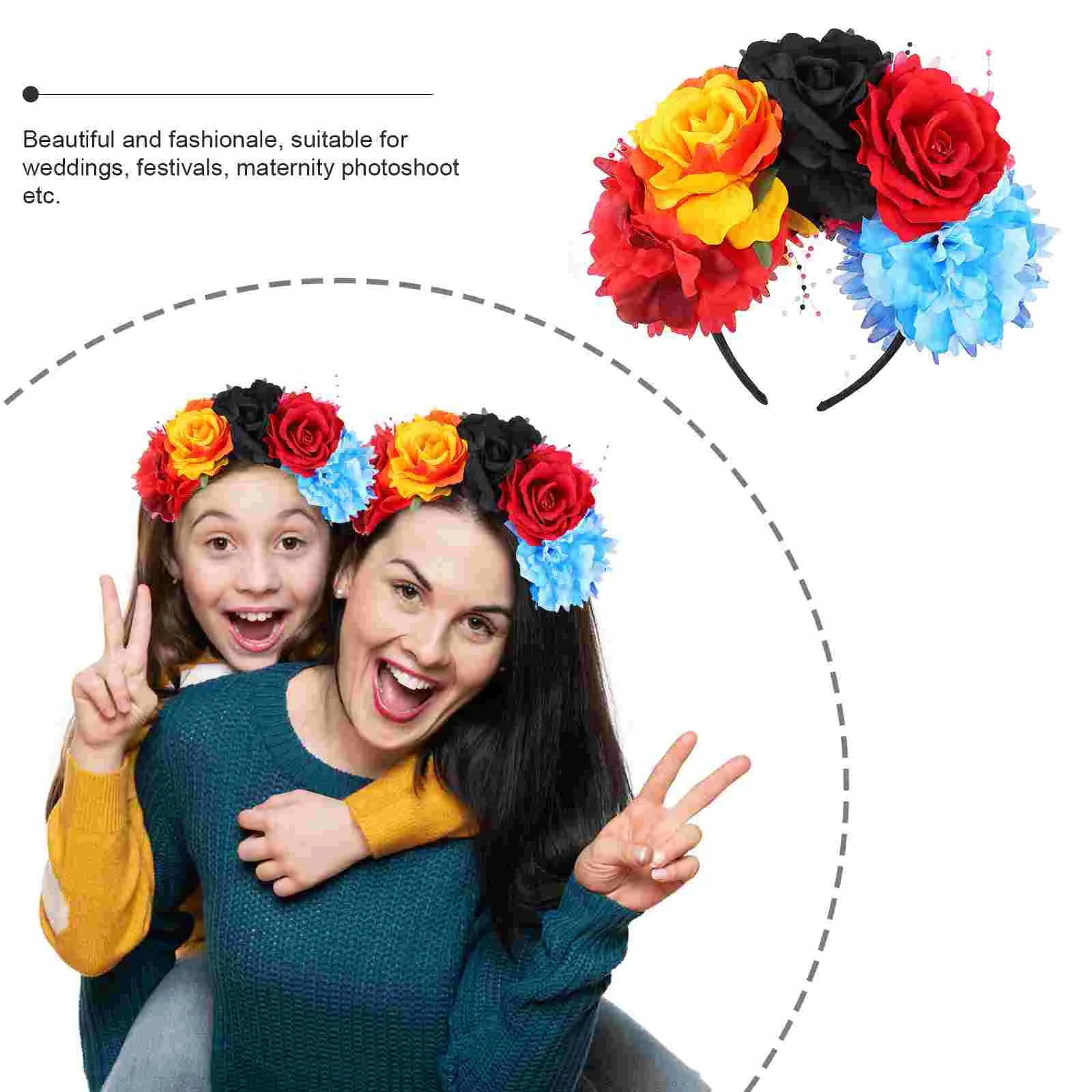 Mexican Flower Crown Headband - Frida Kahlo Inspired Floral Headpiece for Women & Girls | Day of The Dead, Halloween, Boho, Cosplay & Party Costume Accessories | Perfect for Festivals, Weddings, and Themed Events