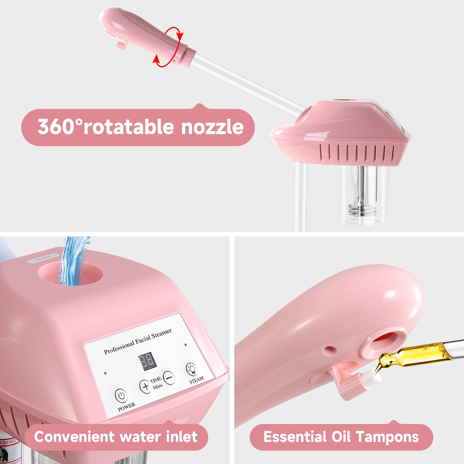 Professional Facial Steamer with Wheels - Ozone & Standing Face Steamer for Salon & Home Use, Touch Control & Timer, Pink | Perfect for Spa Treatments, Skin Hydration & Deep Cleansing