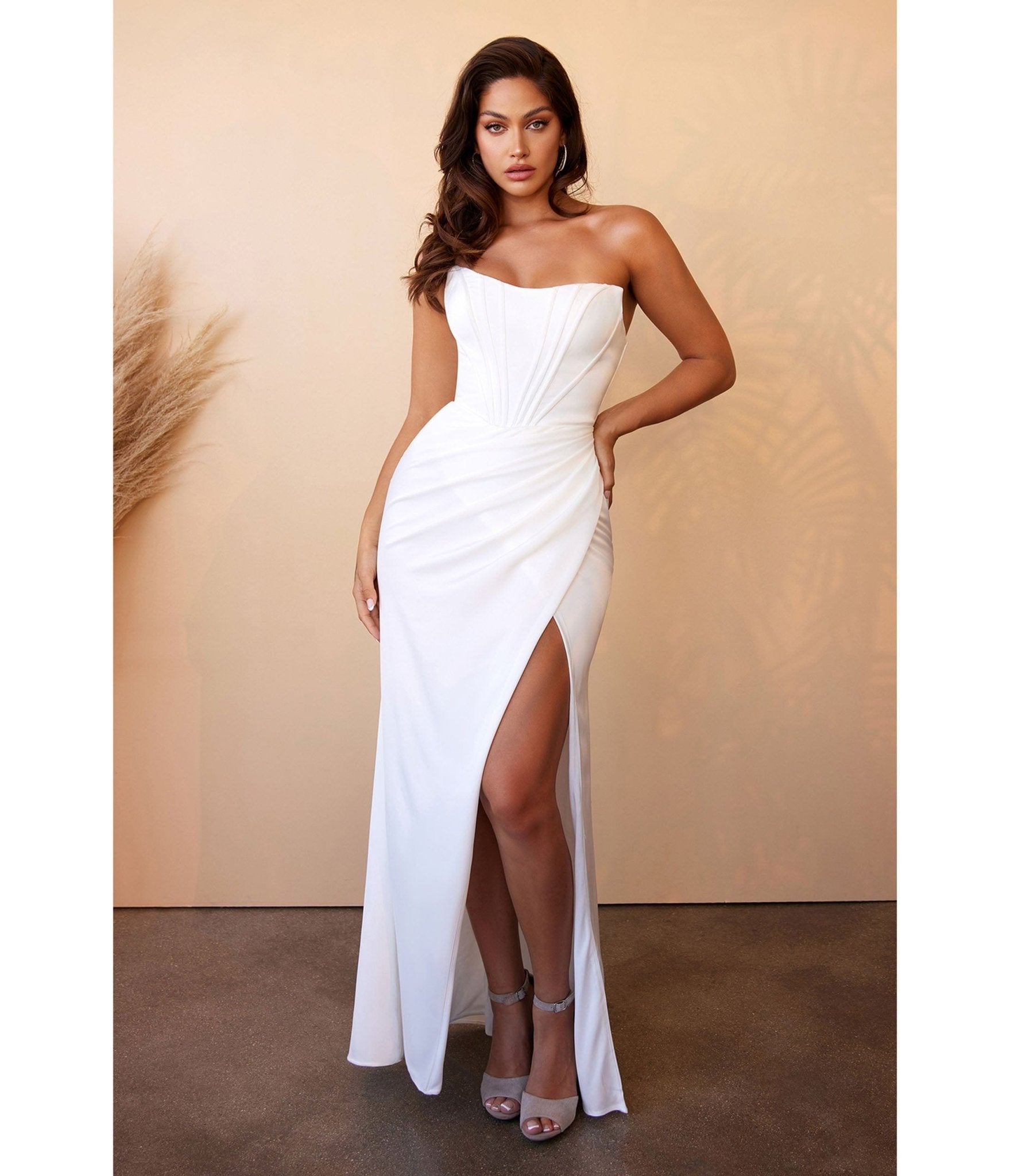 Ladivine by Cinderella Divine White Off The Shoulder Corset Satin Wedding Dress | Elegant Bridal Gown for Prom, Evening Gala & Formal Occasions