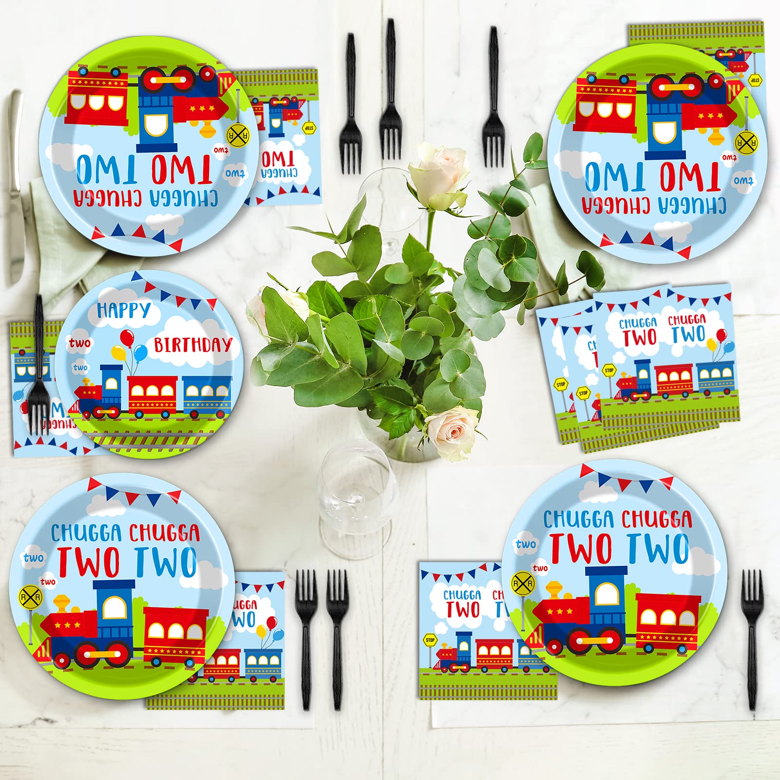 100 PCS Chugga Chugga Two Two Train-Themed Party Supplies Set - Disposable Paper Plates, Napkins & Forks for 2nd Birthday Decorations (Serves 25) | Perfect for Kids Transportation Theme Parties & Baby Shower Tableware