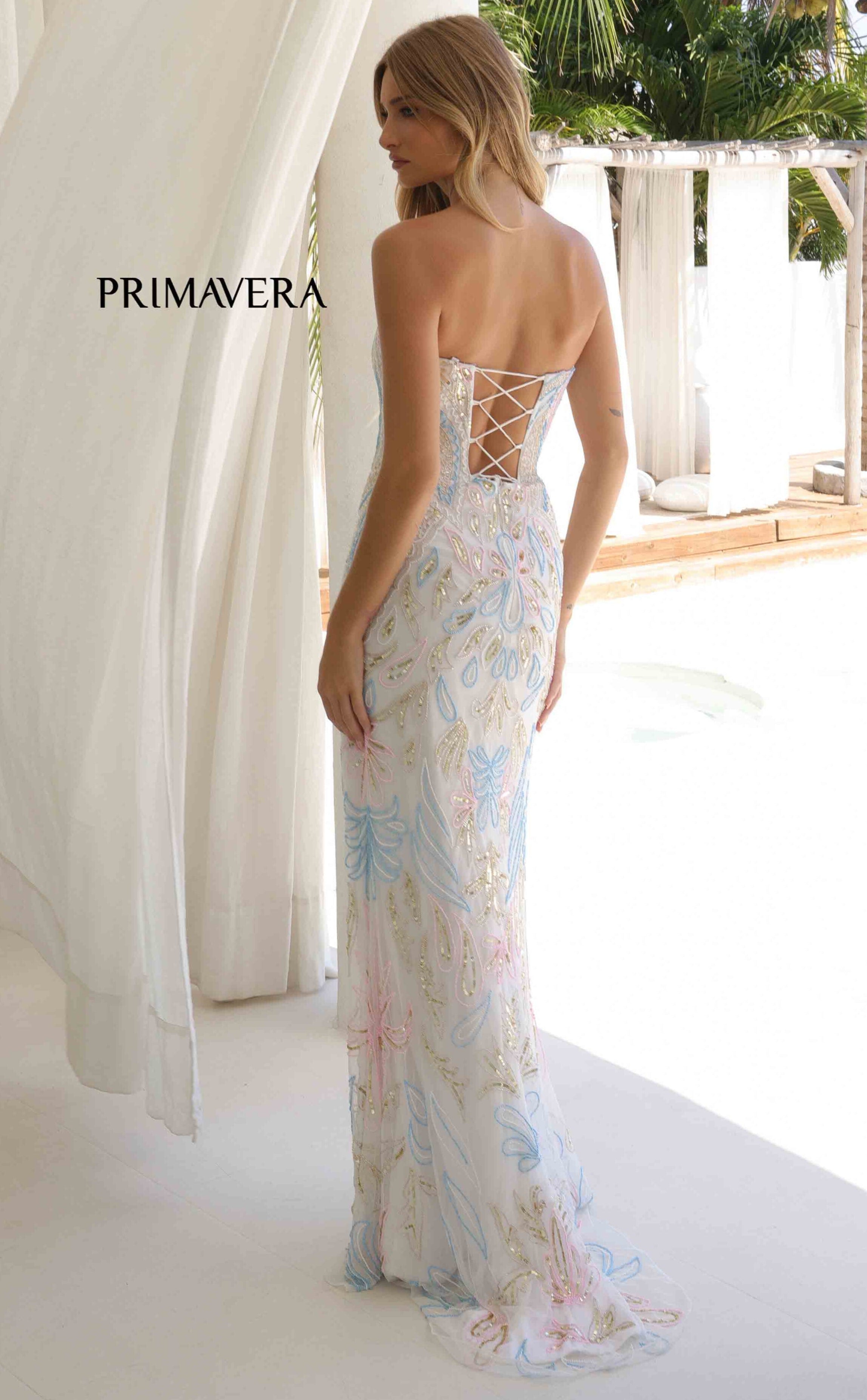 Primavera Strapless Beaded Evening Gown for Prom, Wedding & Special Events - Elegant Beaded Embroidery Formal Dress for Women