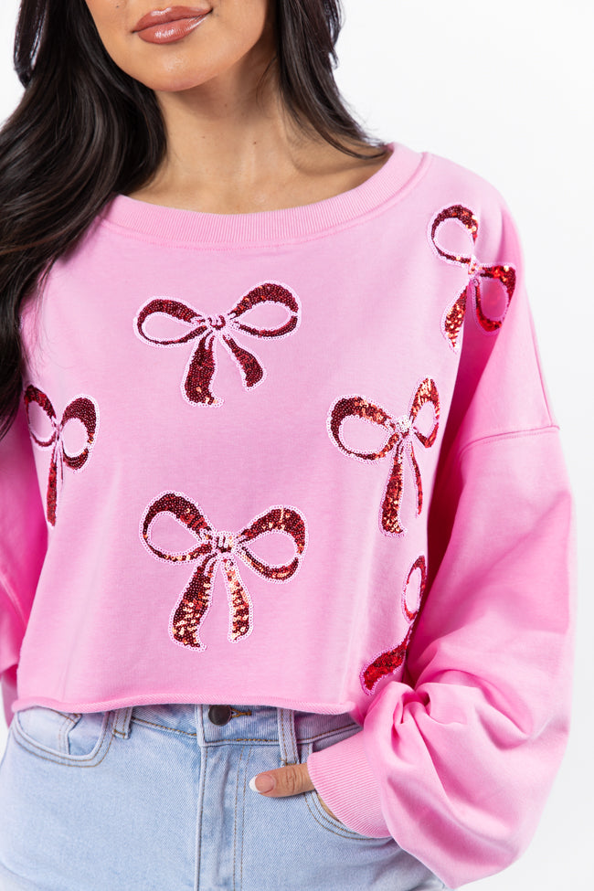 Pink Sequin Bow Patch Cropped Sweatshirt for Women - Trendy Wrapped Around My Finger Design - Perfect for Parties, Date Nights & Casual Outfits - Final Sale