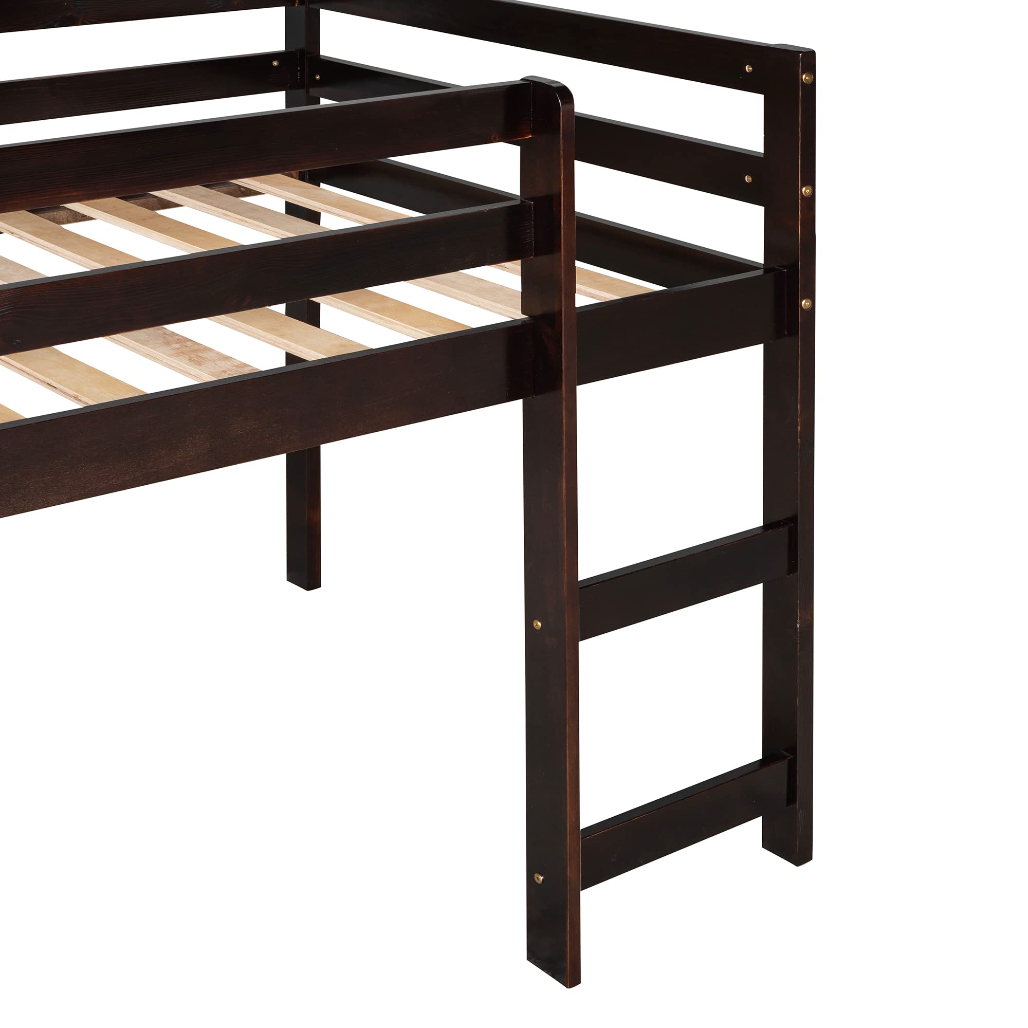 **Low Loft Bed with Slide for Kids - Twin Size Wooden Loft Bed Frame with Climbing Ladder & Safety Guard Rail - Espresso Finish - Perfect for Small Rooms, Playrooms & Sleepovers**
