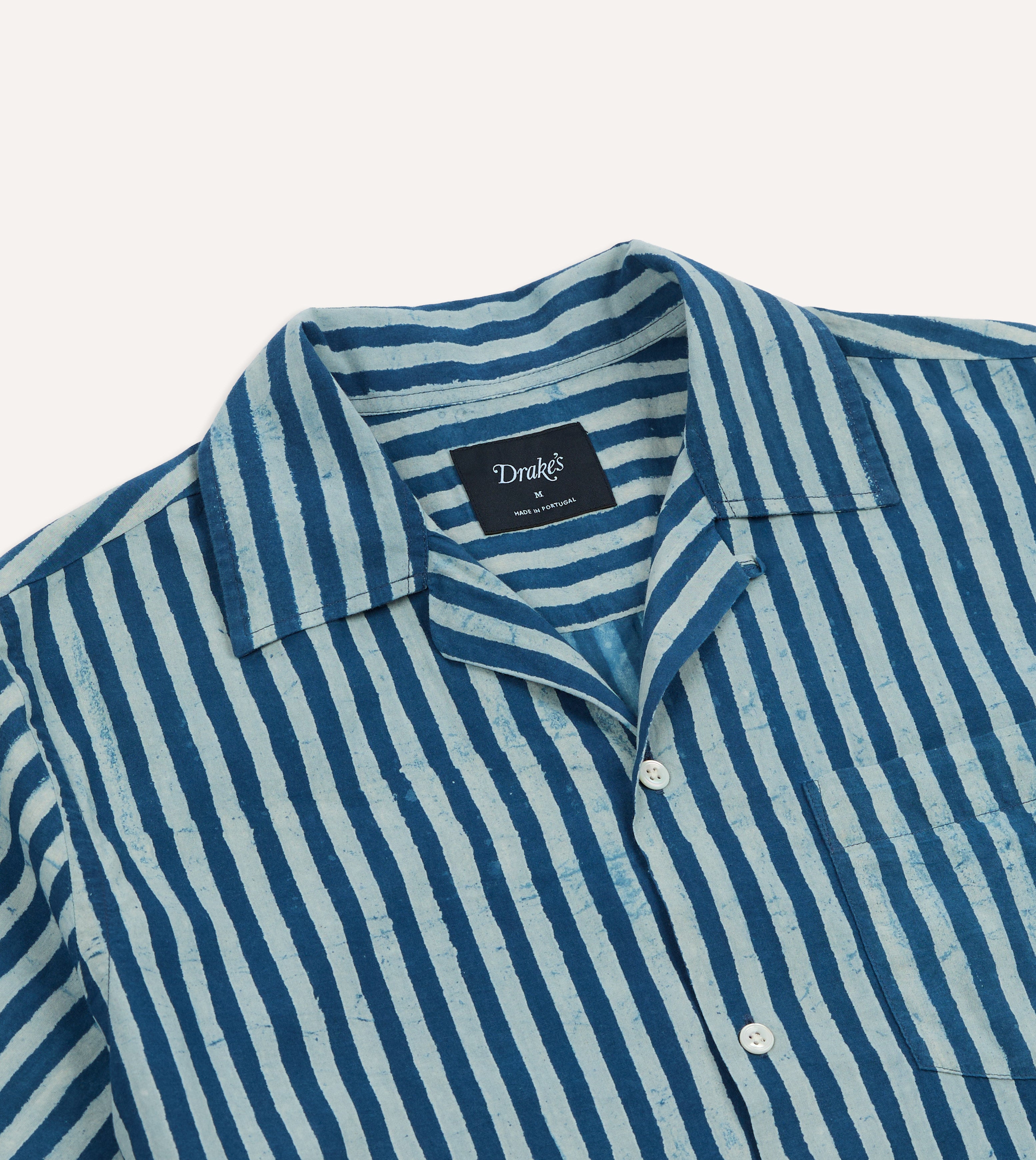 Indigo Stripe Block Print Cotton Camp Collar Short Sleeve Shirt for Men - Casual Summer Beach Wear & Vacation Outfit