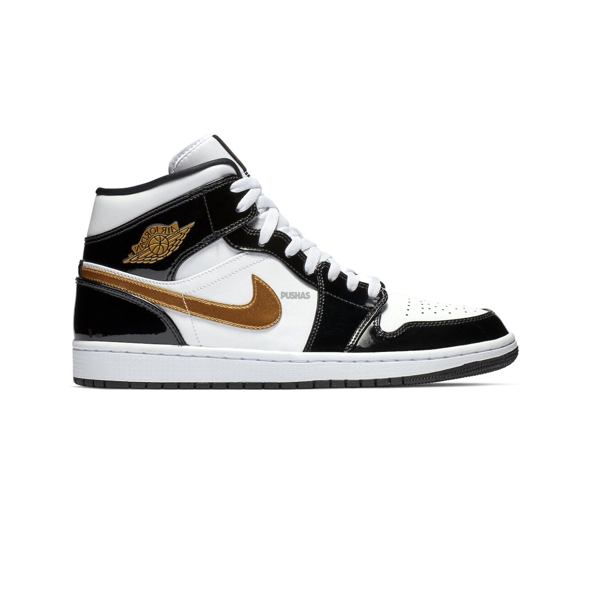Air Jordan 1 Mid 'Patent Black White Gold' Sneakers (2019) - Men's Basketball Shoes for Streetwear & Casual Fashion