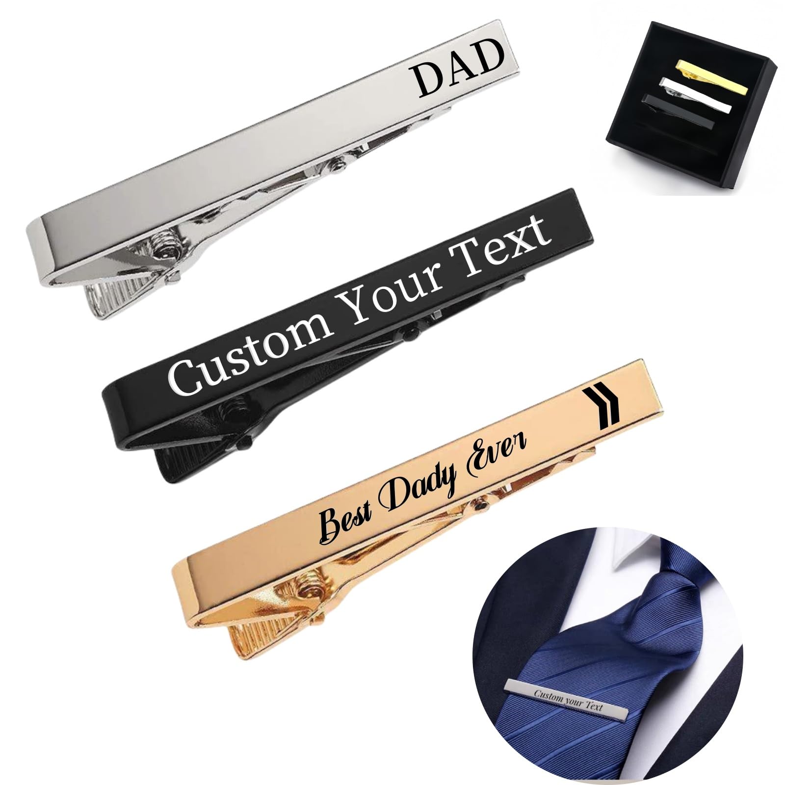 3PCS Personalized Engraved Tie Clips for Men - Custom Wedding Groomsmen Accessories, Father's Day Gift Ideas for Dad - Perfect for Business Meetings, Formal Events & Special Occasions