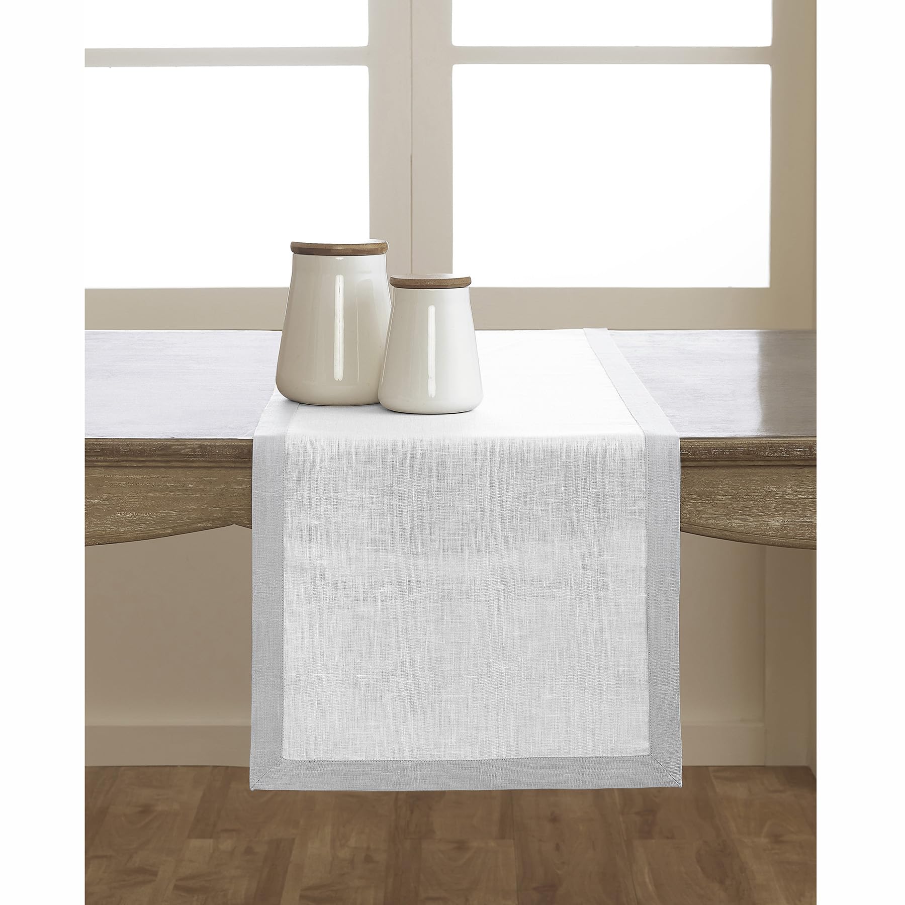 Solino Home 100% Pure Linen Table Runner 14 x 60 Inches - Classic Soft Grey & White Dining Table Decor for Weddings, Dinner Parties, and Coffee Tables